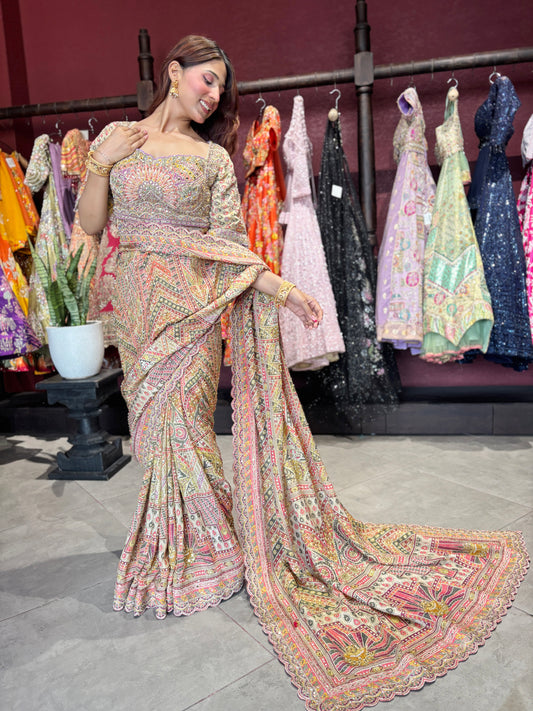 Multicolor Heritage Designer Saree with Heavy Embroidered Border
