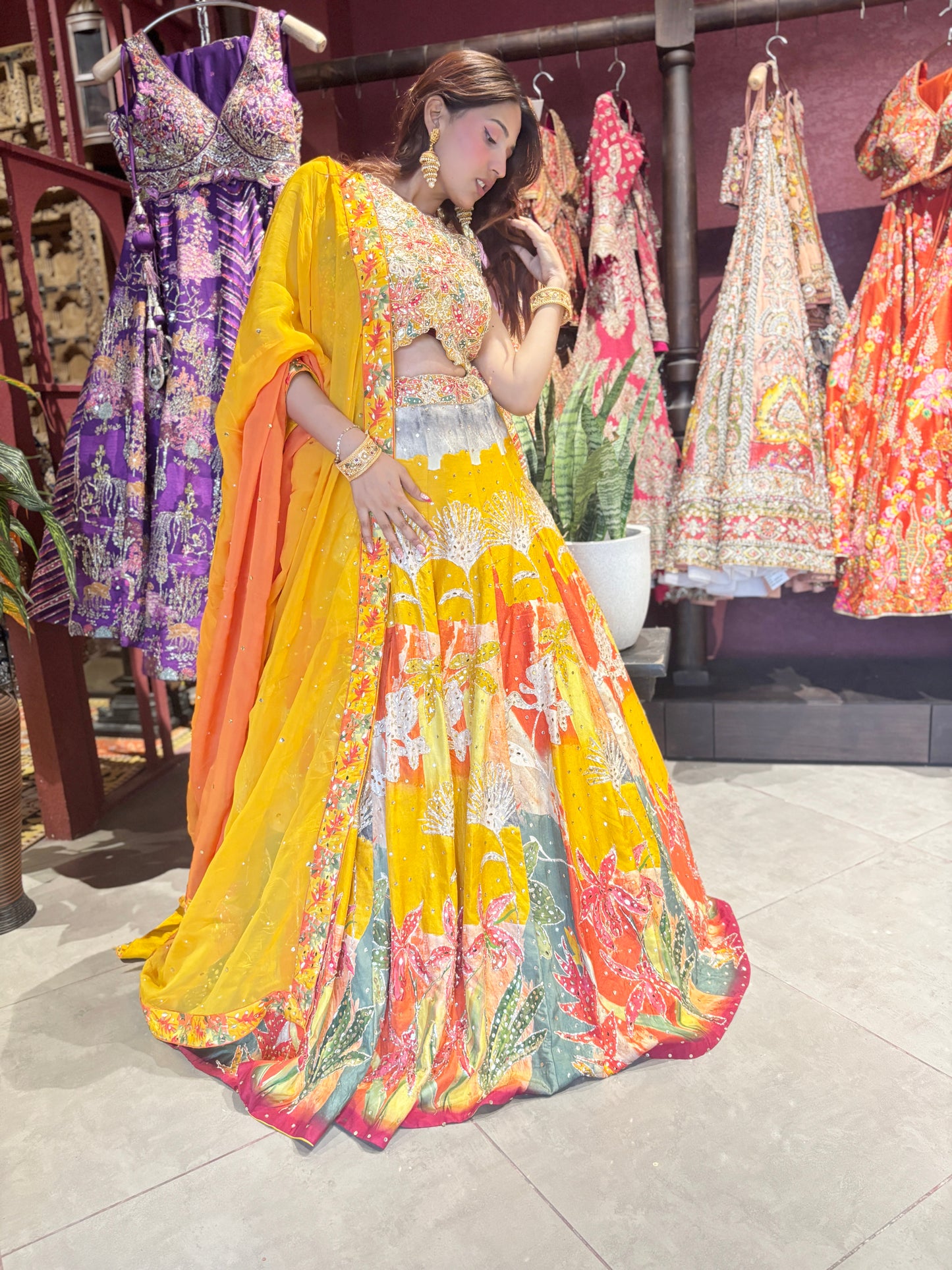 Multicolour Yellow Printed Designer Lehenga Set