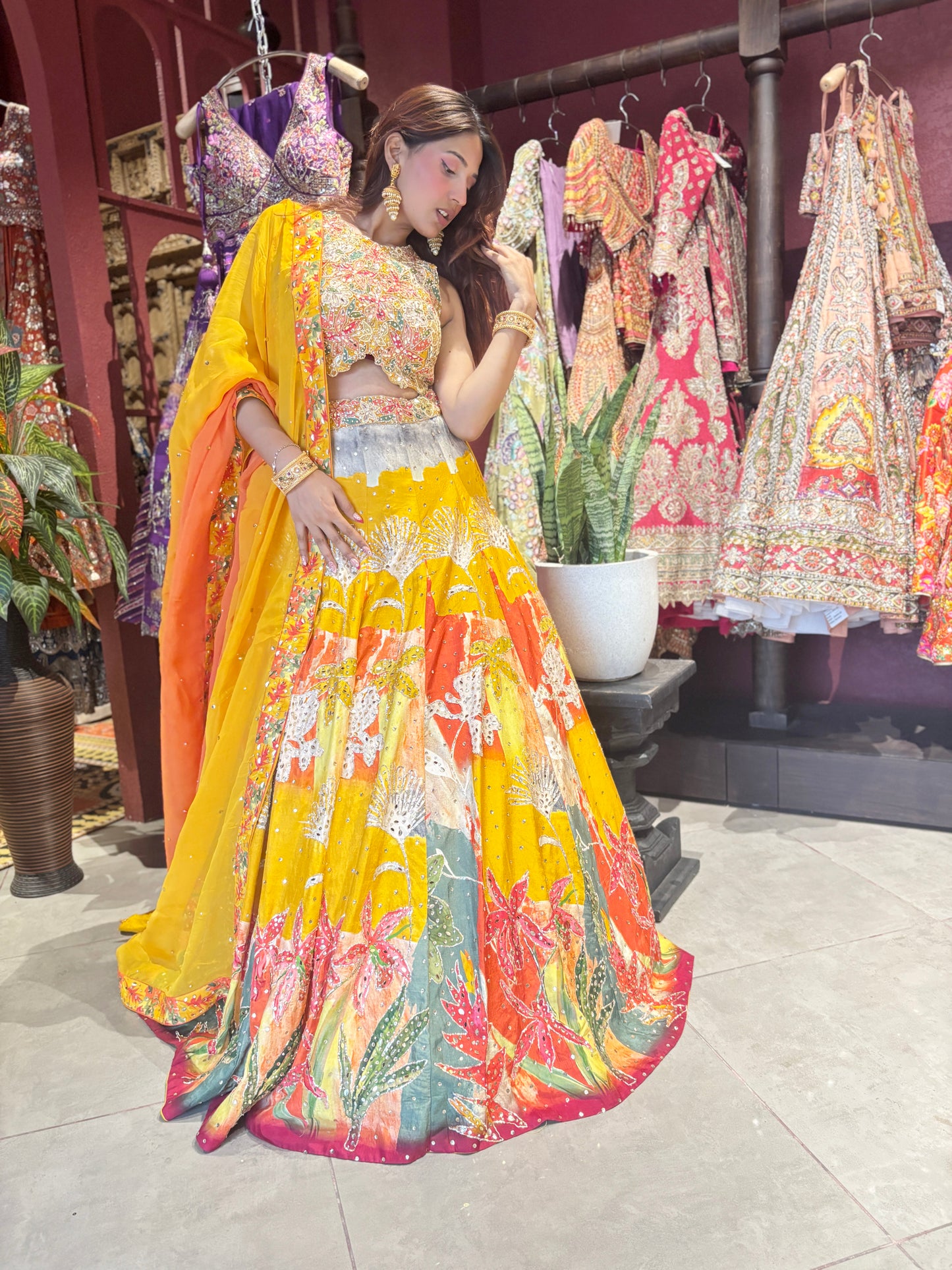 Multicolour Yellow Printed Designer Lehenga Set