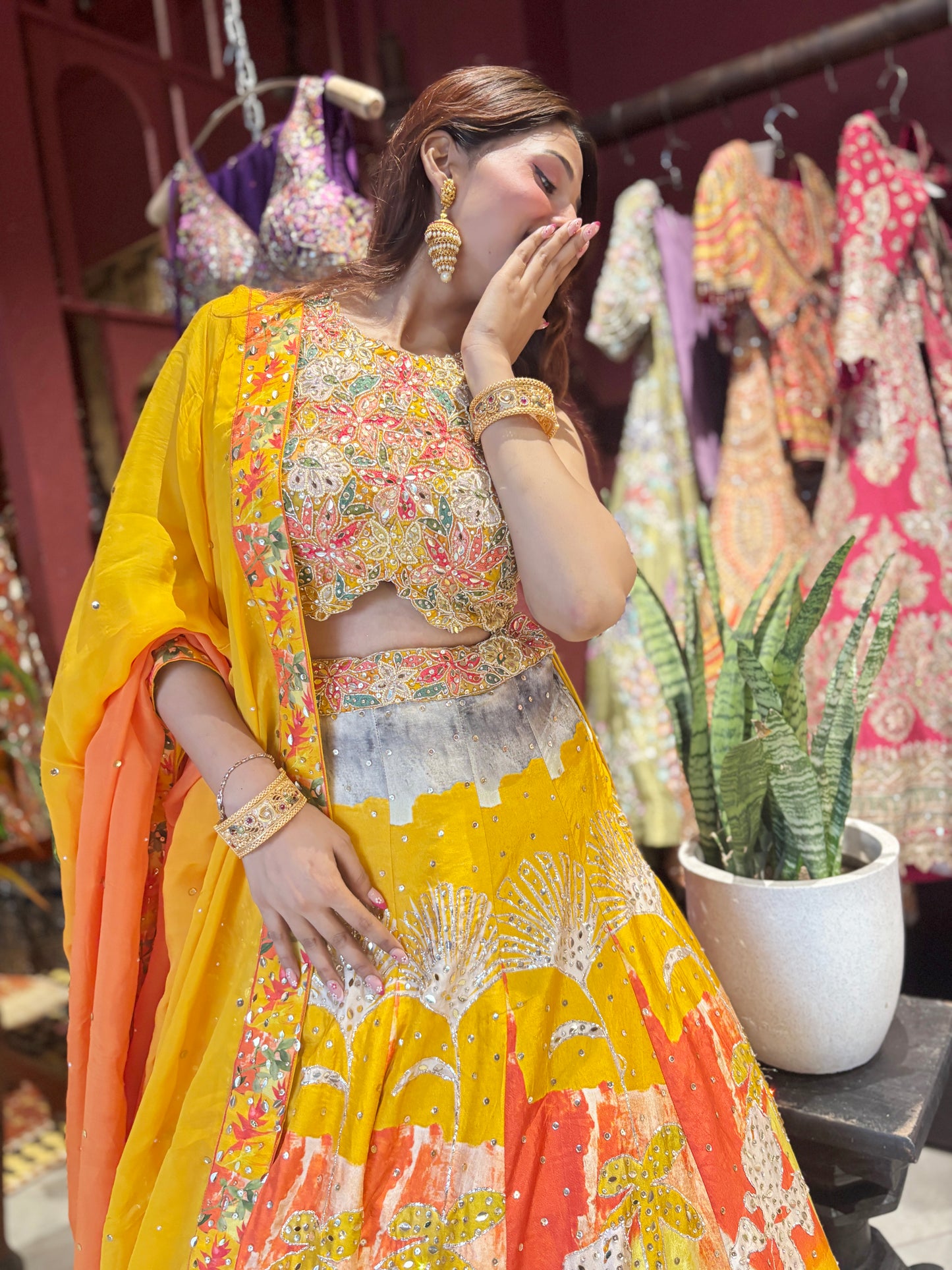 Multicolour Yellow Printed Designer Lehenga Set