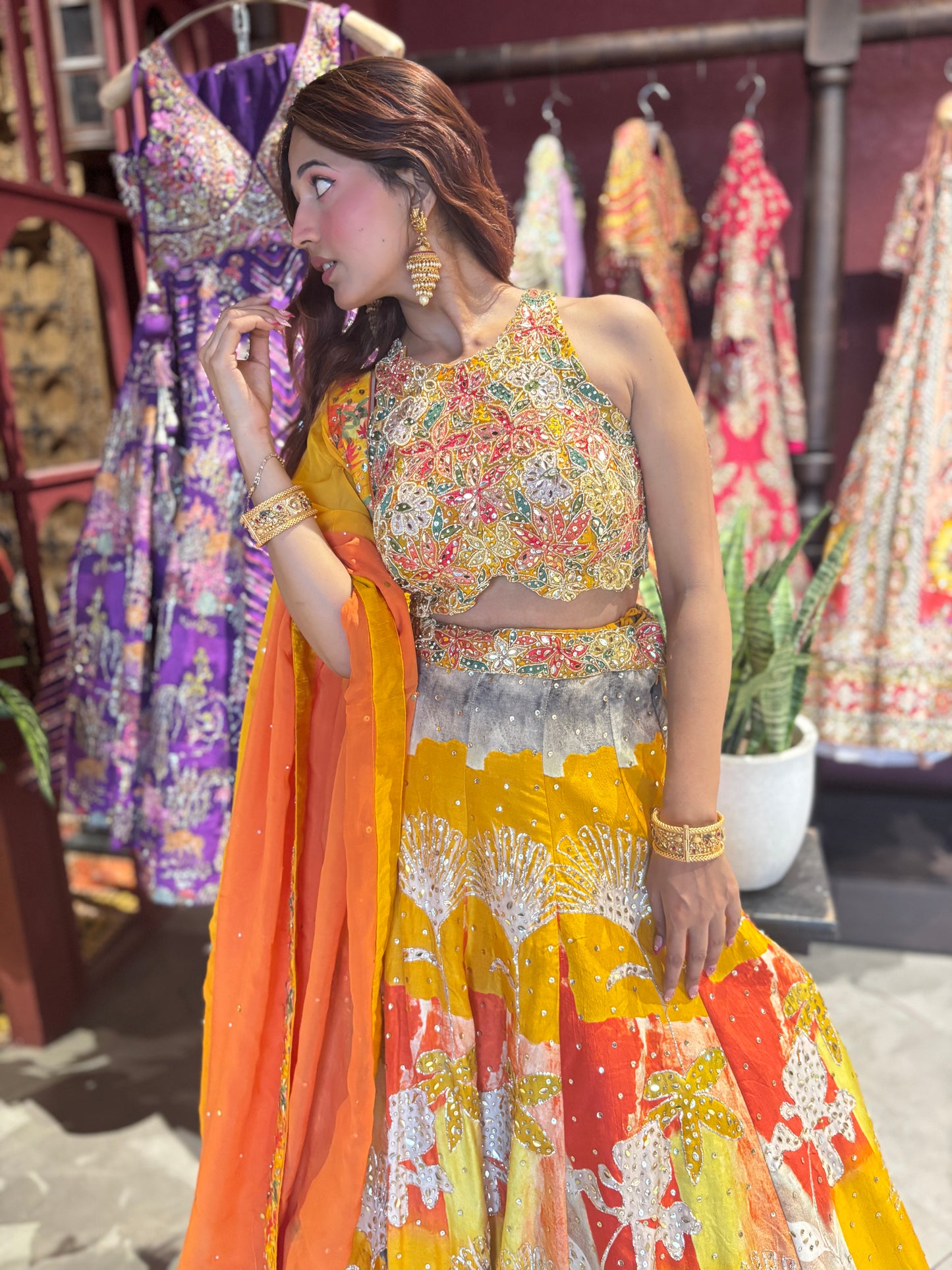 Multicolour Yellow Printed Designer Lehenga Set