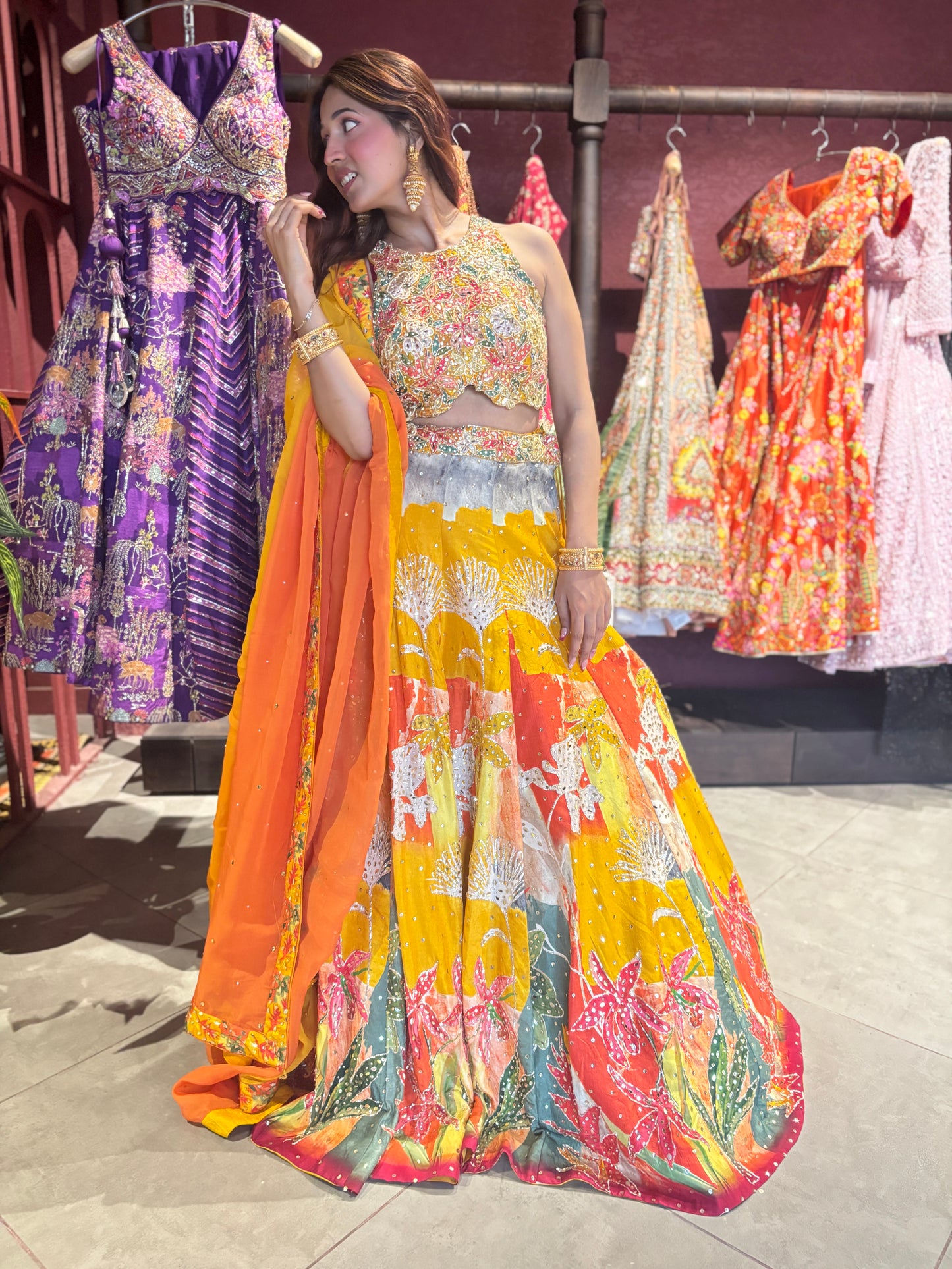 Multicolour Yellow Printed Designer Lehenga Set