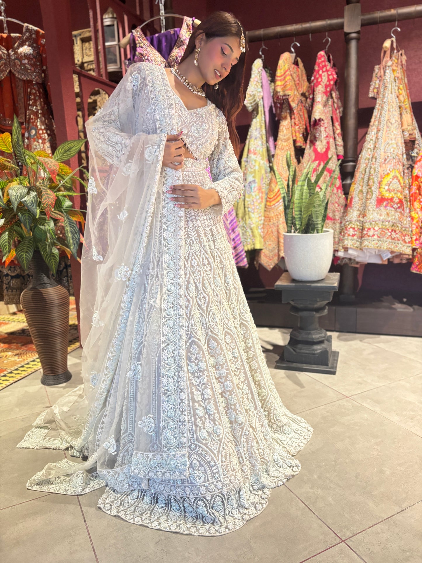 Lt-Grey Heavy Embroidered DesignerLehenga with Net Dupatta