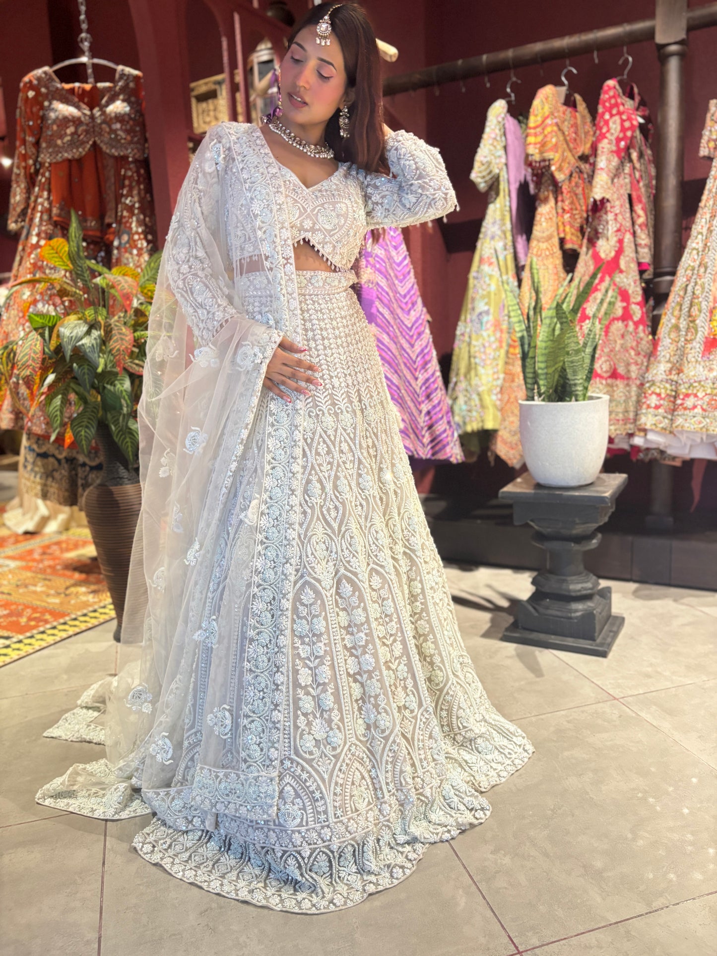 Lt-Grey Heavy Embroidered DesignerLehenga with Net Dupatta