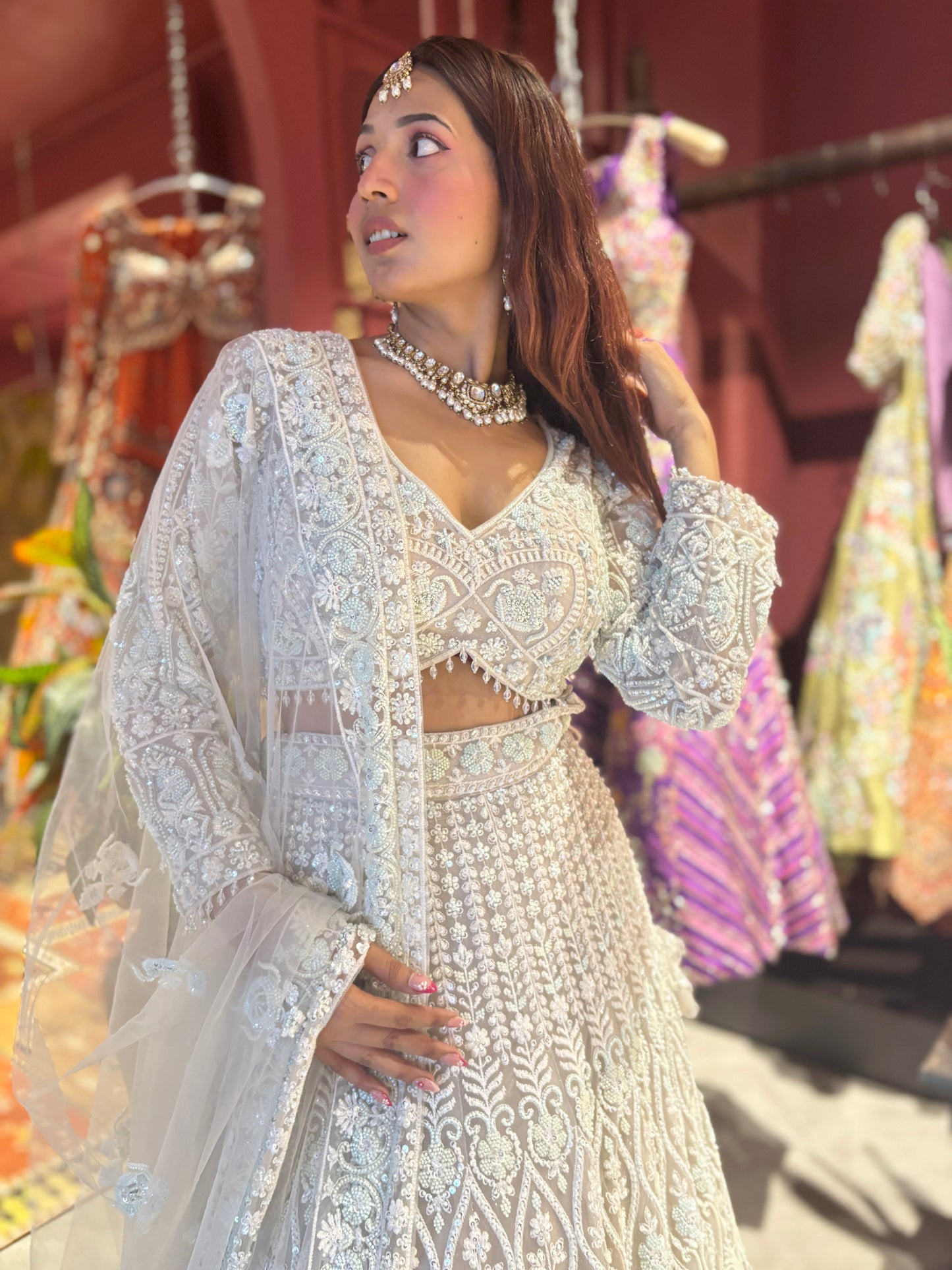 Lt-Grey Heavy Embroidered DesignerLehenga with Net Dupatta