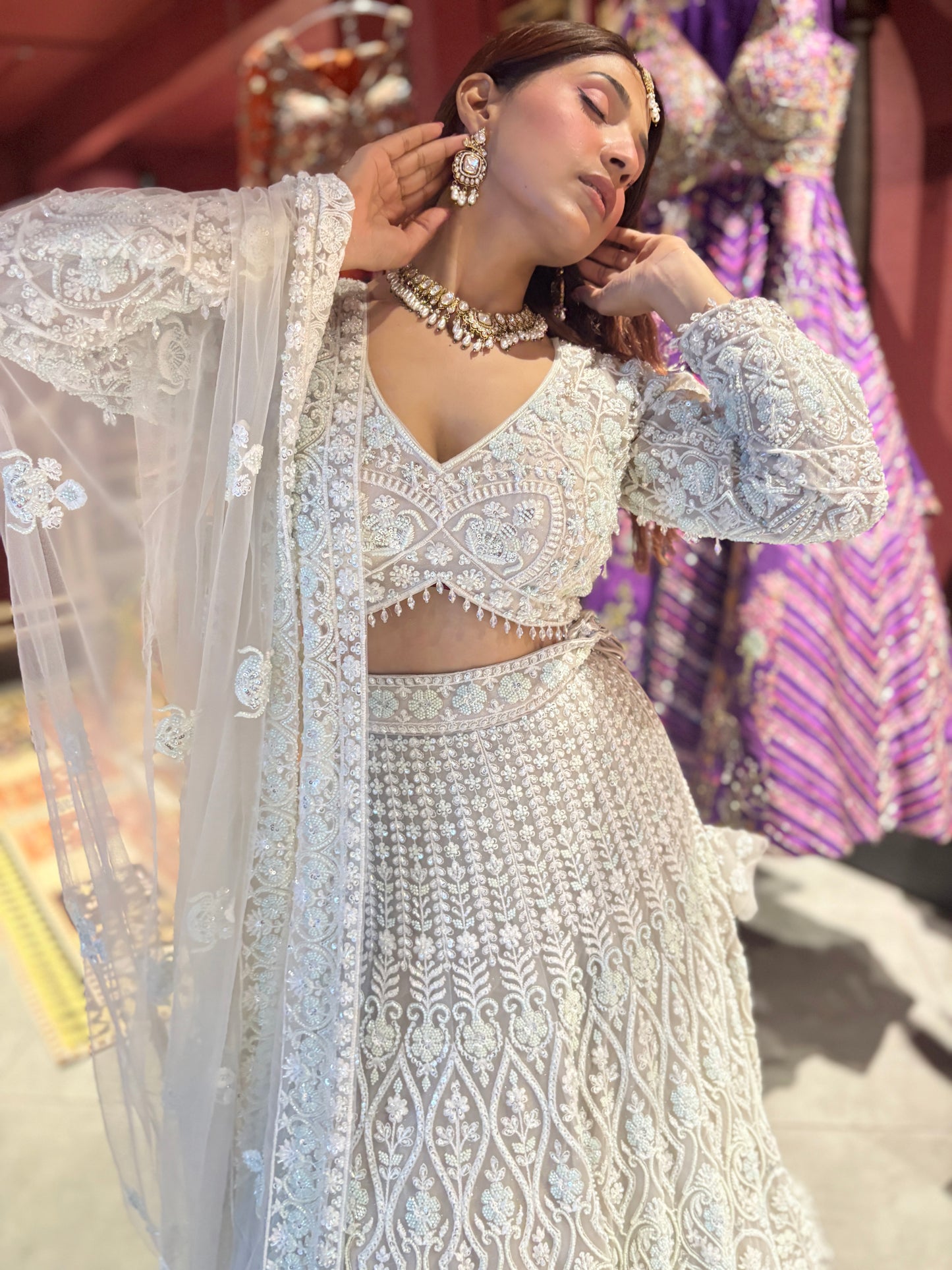 Lt-Grey Heavy Embroidered DesignerLehenga with Net Dupatta