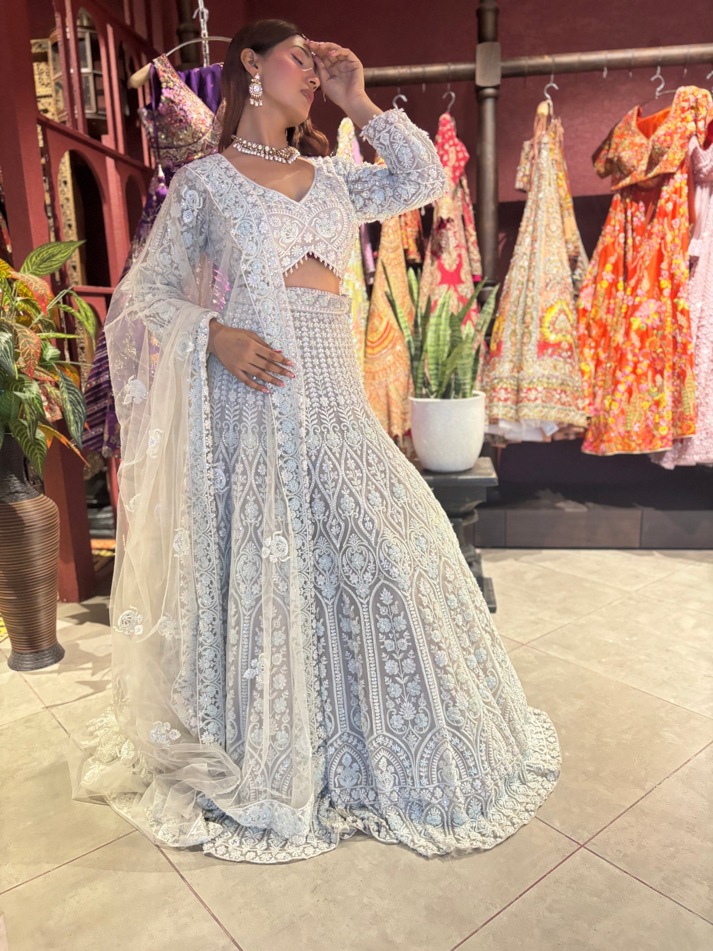 Lt-Grey Heavy Embroidered DesignerLehenga with Net Dupatta