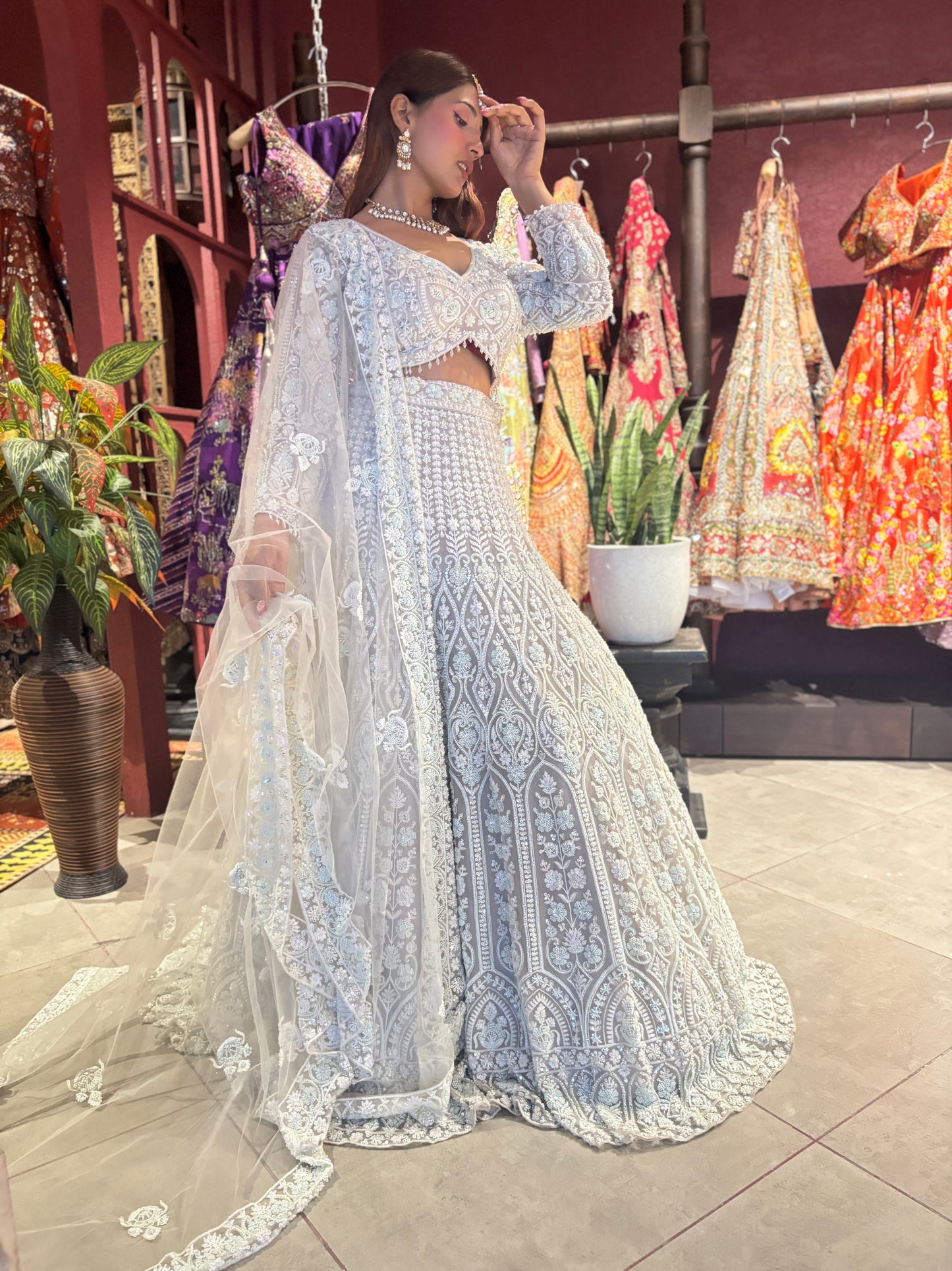 Lt-Grey Heavy Embroidered DesignerLehenga with Net Dupatta