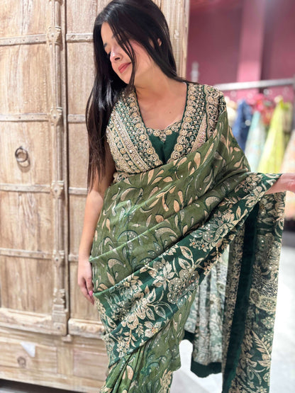 Green Silk Saree with Golden Floral Zari Embroidery & Designer Blouse