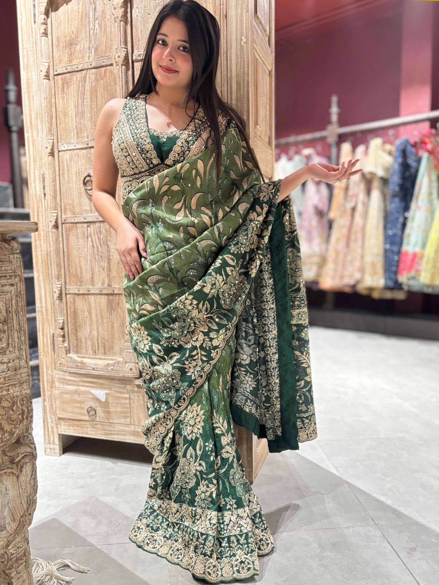 Green Silk Saree with Golden Floral Zari Embroidery & Designer Blouse