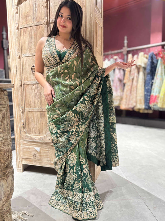 Green Silk Saree with Golden Floral Zari Embroidery & Designer Blouse