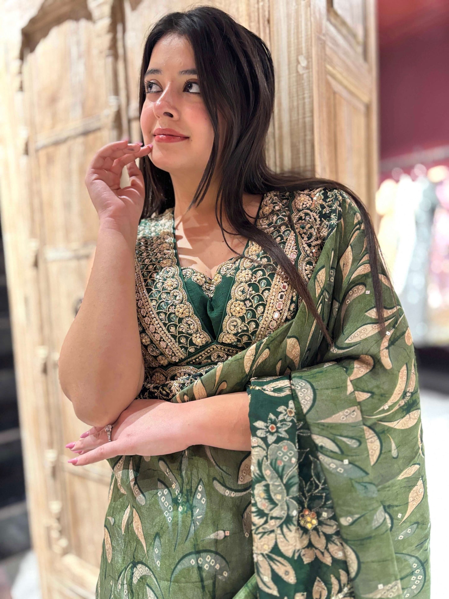 Green Silk Saree with Golden Floral Zari Embroidery & Designer Blouse