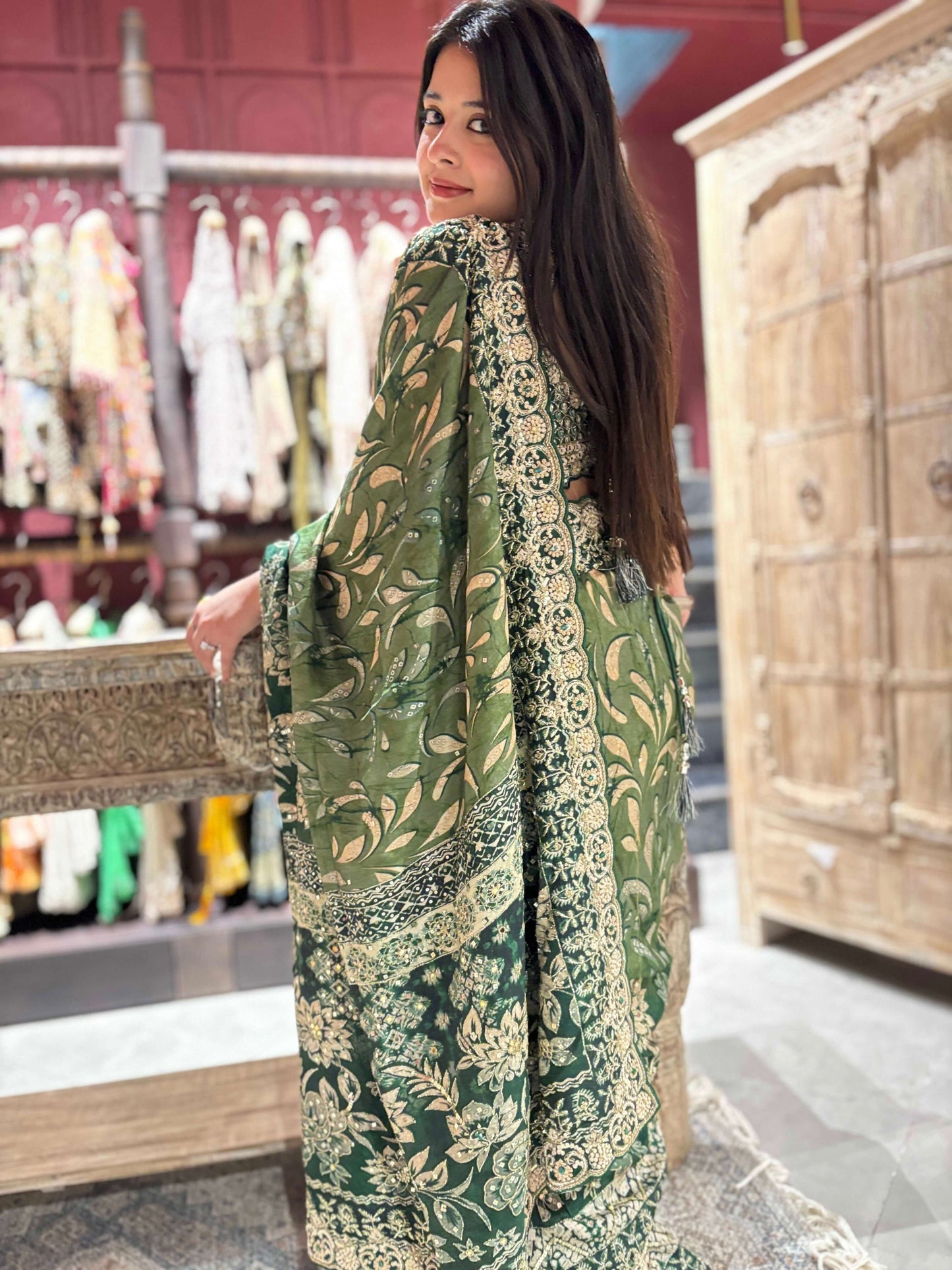 Green Silk Saree with Golden Floral Zari Embroidery & Designer Blouse