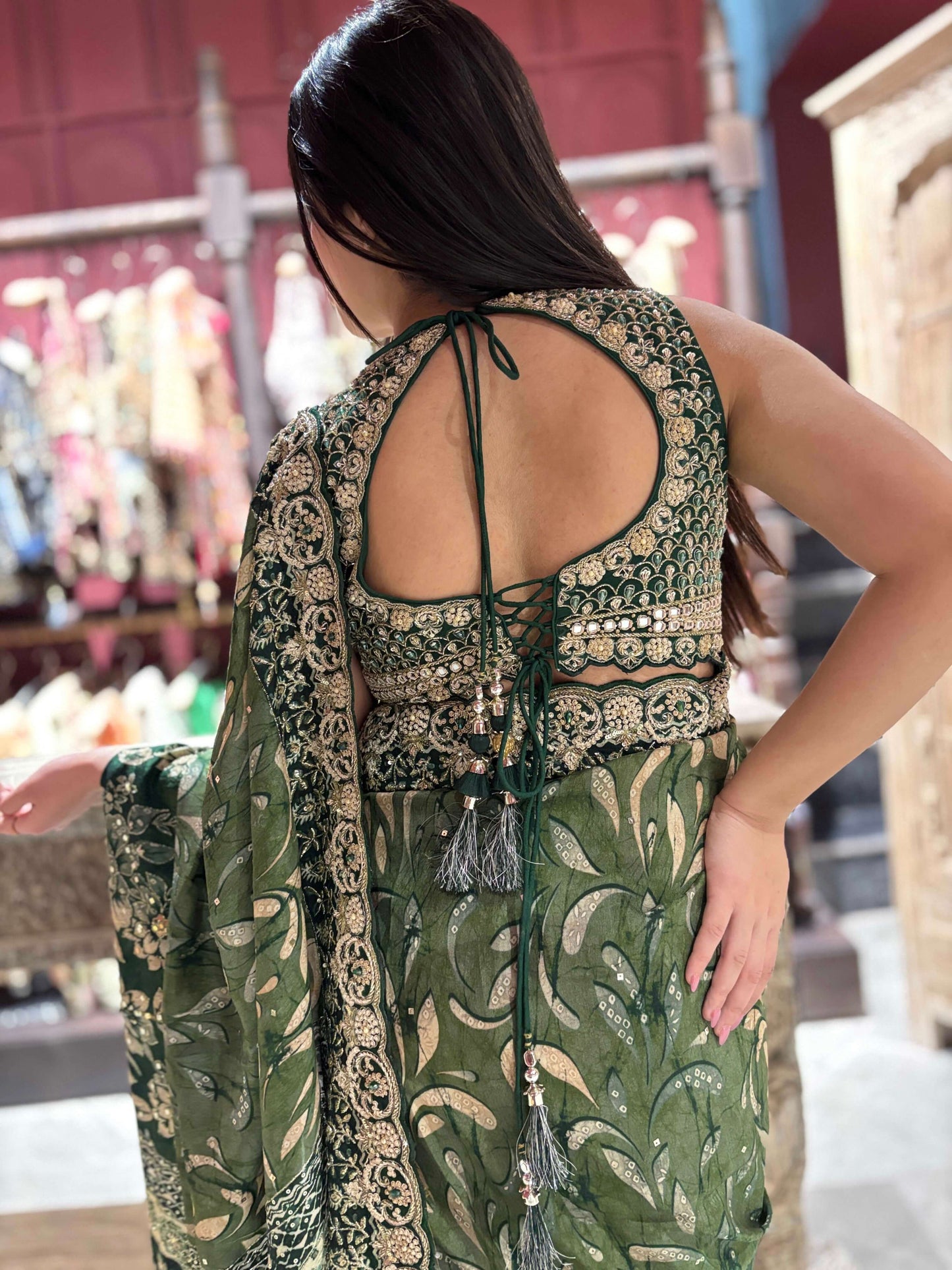 Green Silk Saree with Golden Floral Zari Embroidery & Designer Blouse