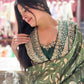Green Silk Saree with Golden Floral Zari Embroidery & Designer Blouse