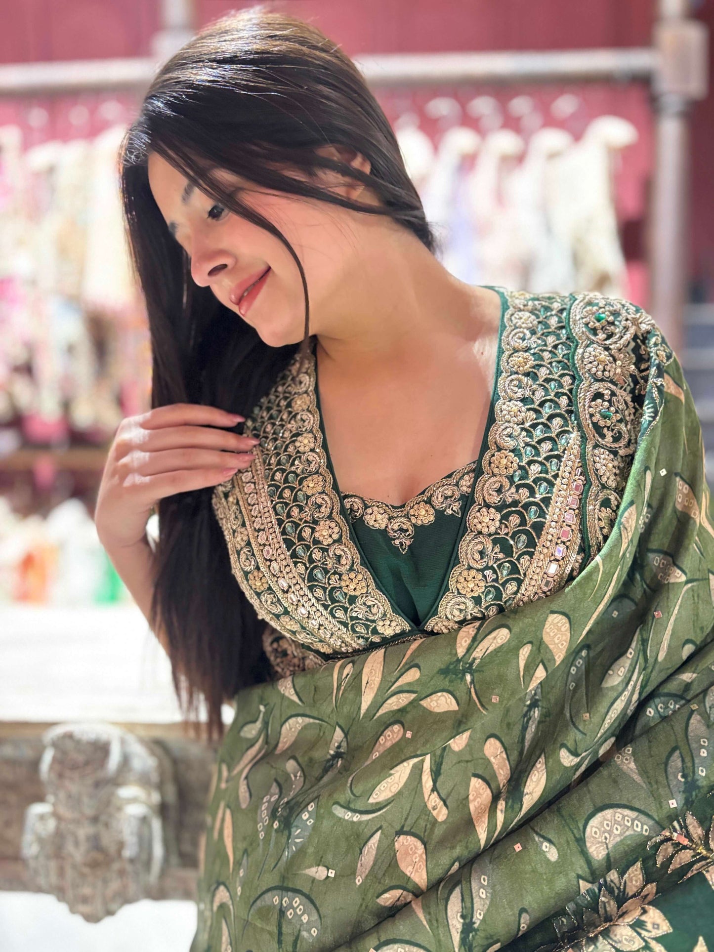 Green Silk Saree with Golden Floral Zari Embroidery & Designer Blouse