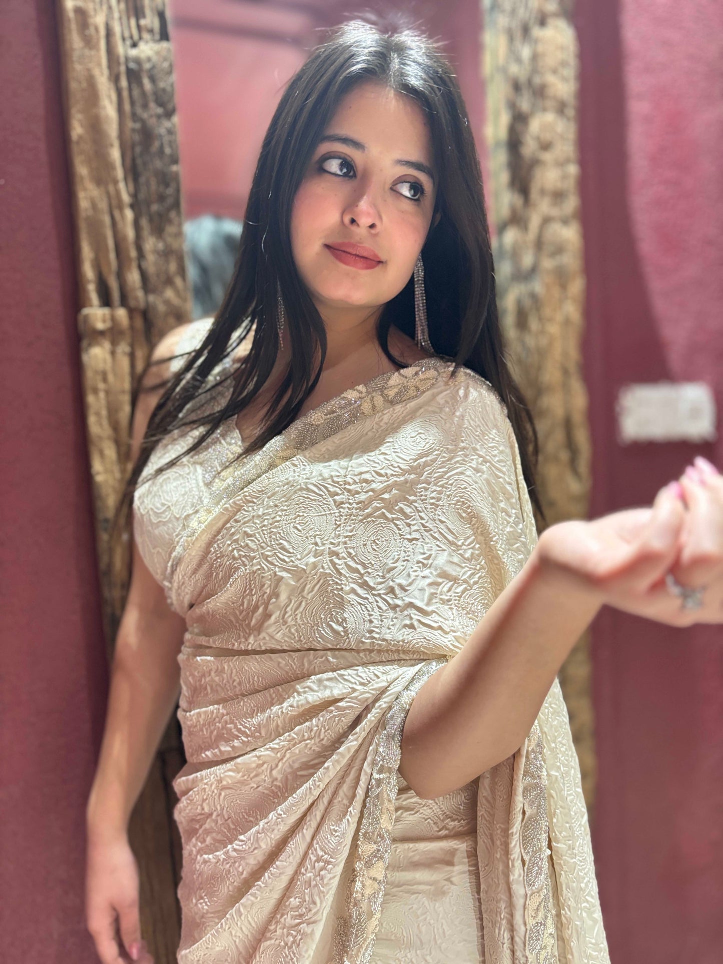 Ivory Self-textured Crepe Saree With Elegant Drape