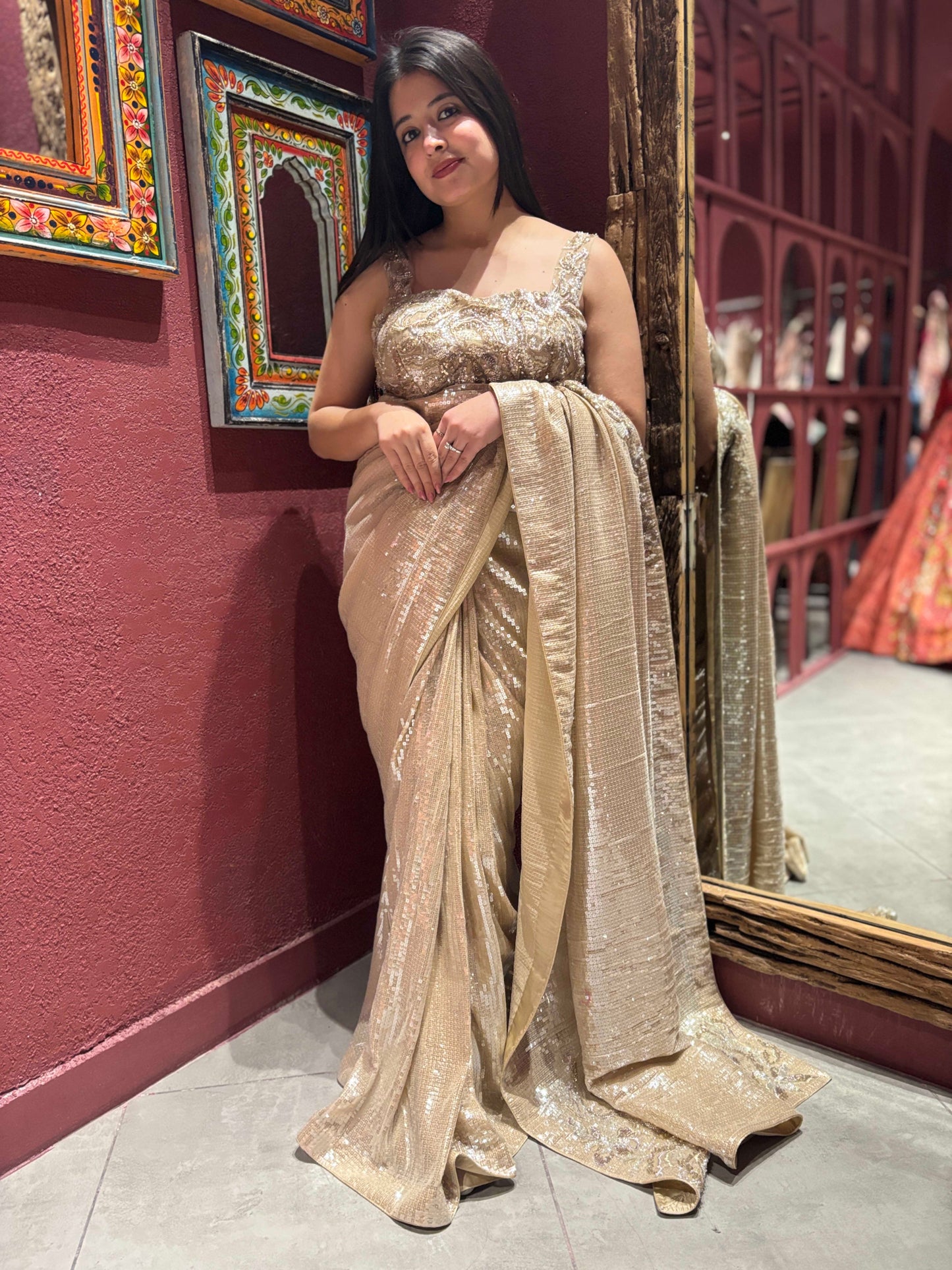 Elegant Gold Sequin Saree With Designer Readymade Blouse