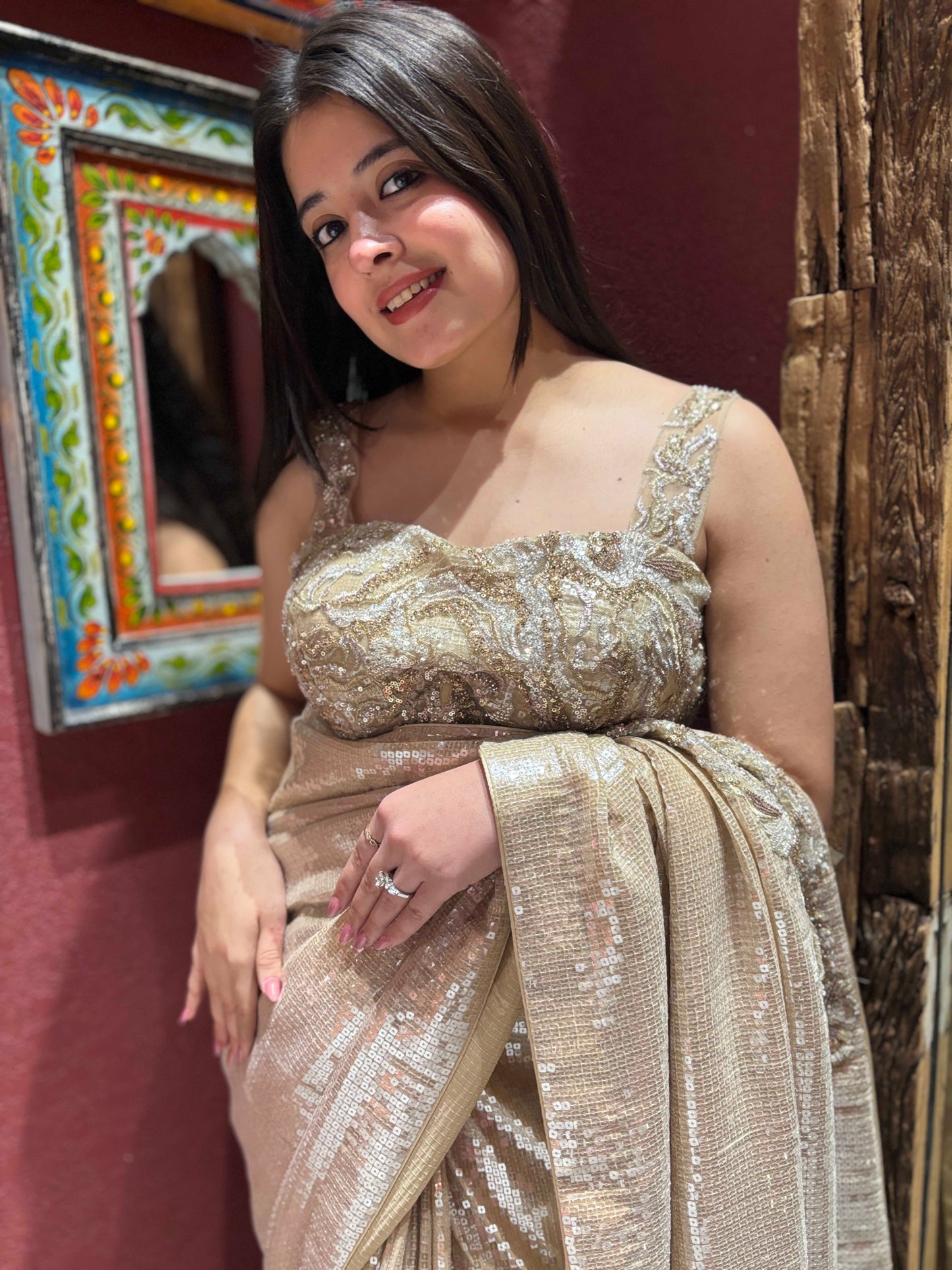 Elegant Gold Sequin Saree With Designer Readymade Blouse