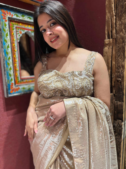 Elegant Gold Sequin Saree With Designer Readymade Blouse