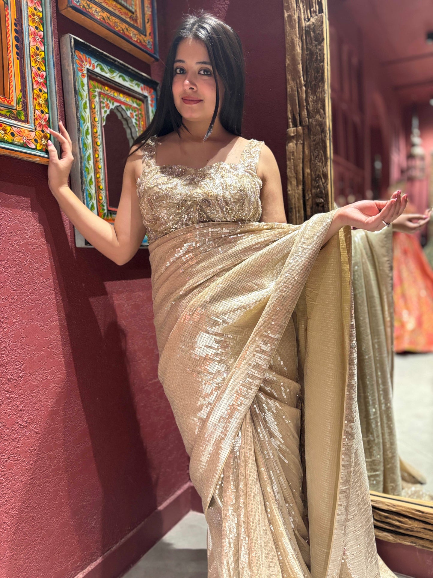 Elegant Gold Sequin Saree With Designer Readymade Blouse