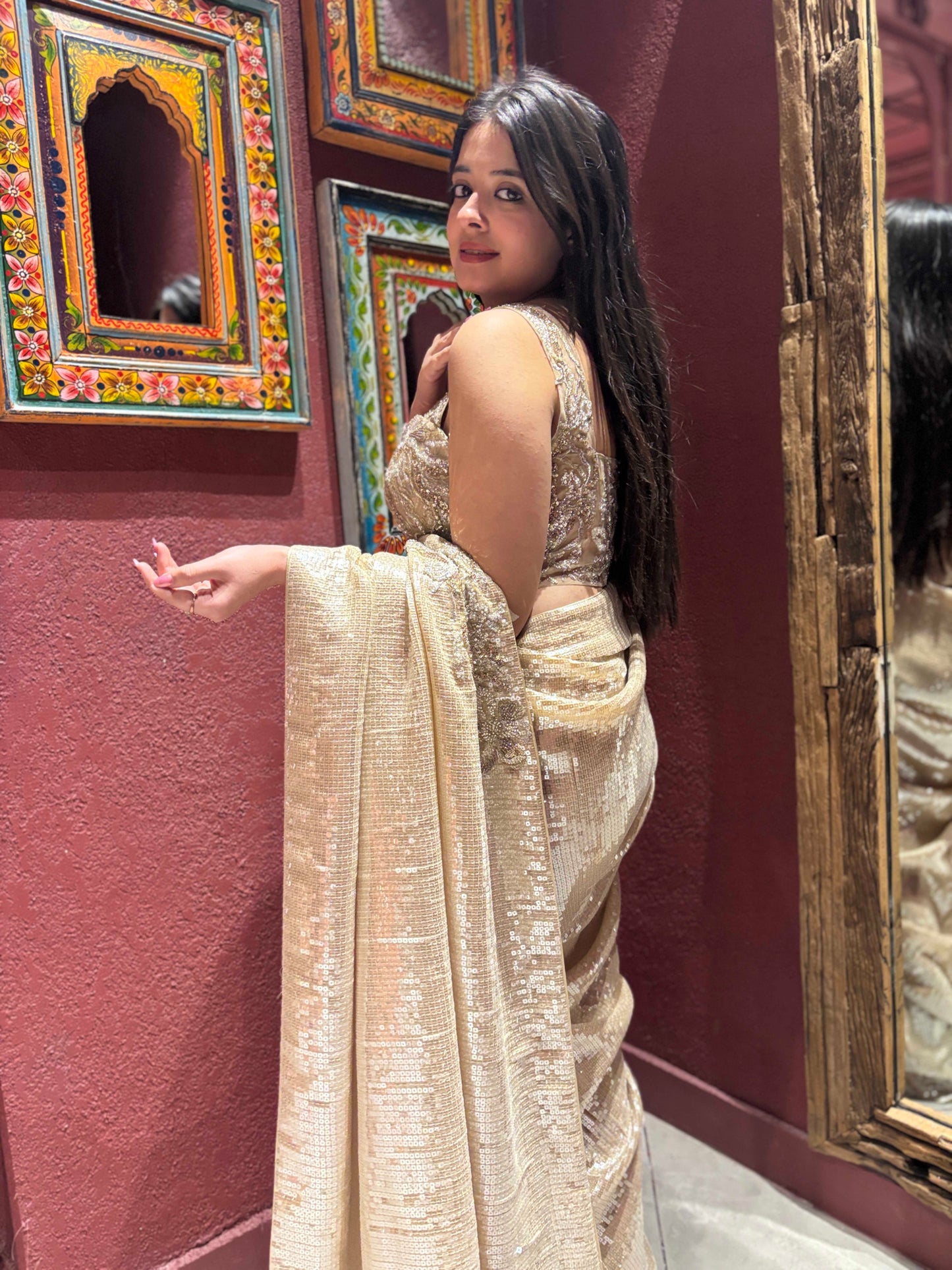 Elegant Gold Sequin Saree With Designer Readymade Blouse