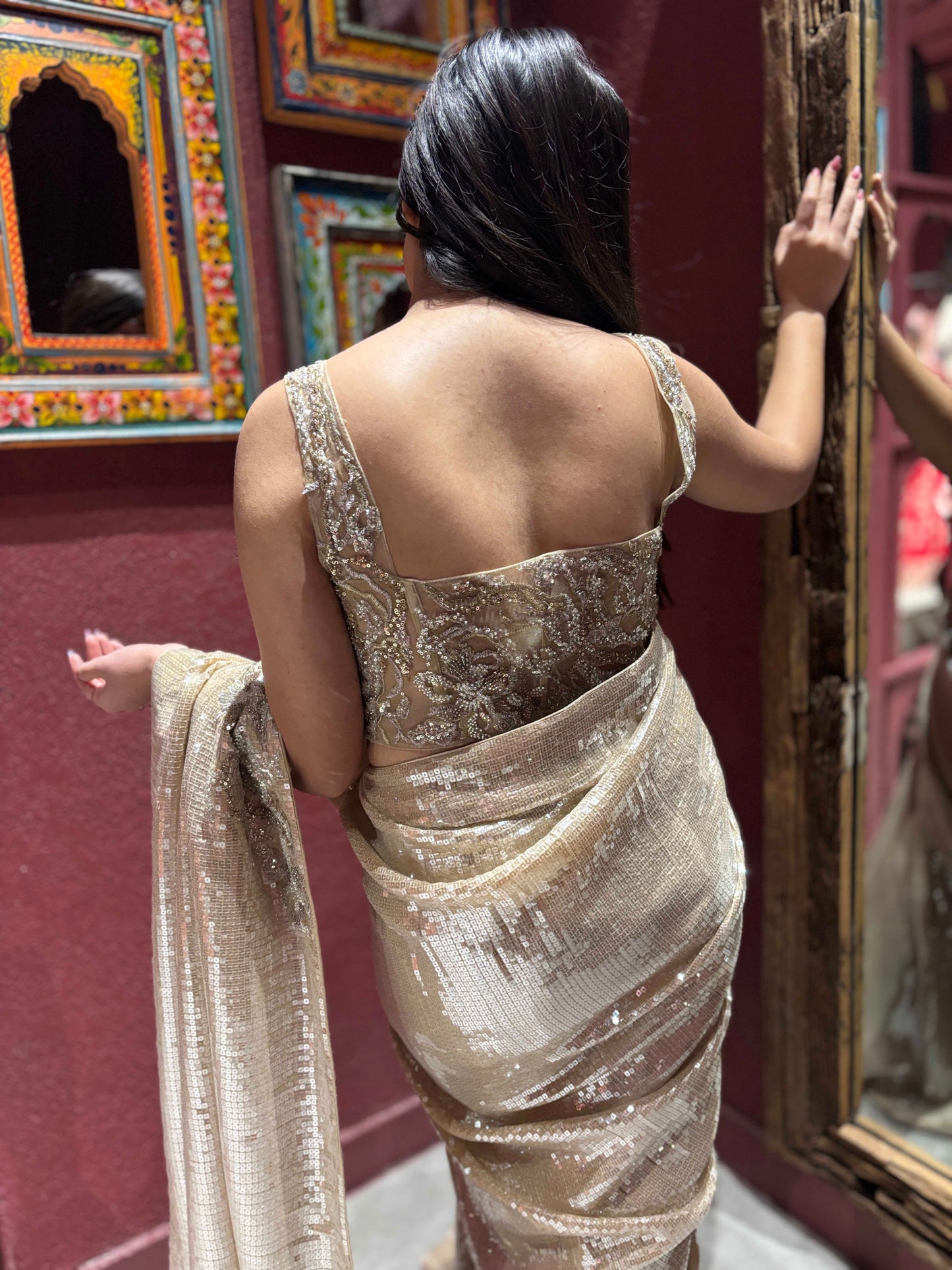 Elegant Gold Sequin Saree With Designer Readymade Blouse