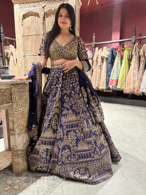 Lehenga Choli with Antique Gold Zari & Architectural Motif Work