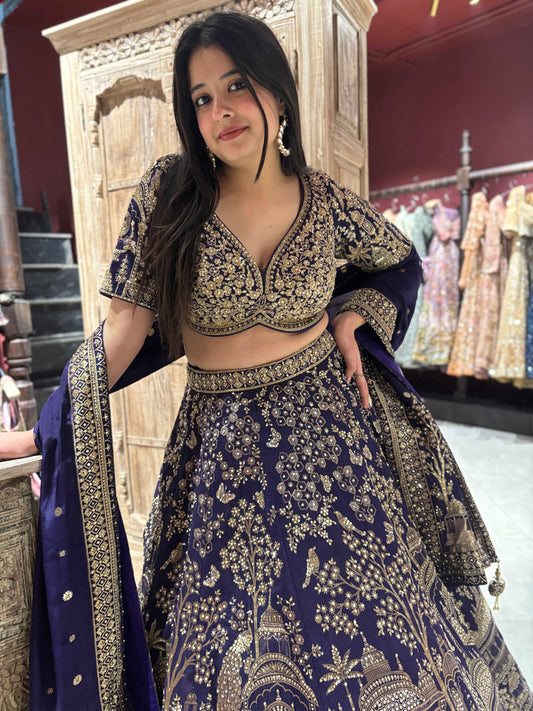 Lehenga Choli with Antique Gold Zari & Architectural Motif Work
