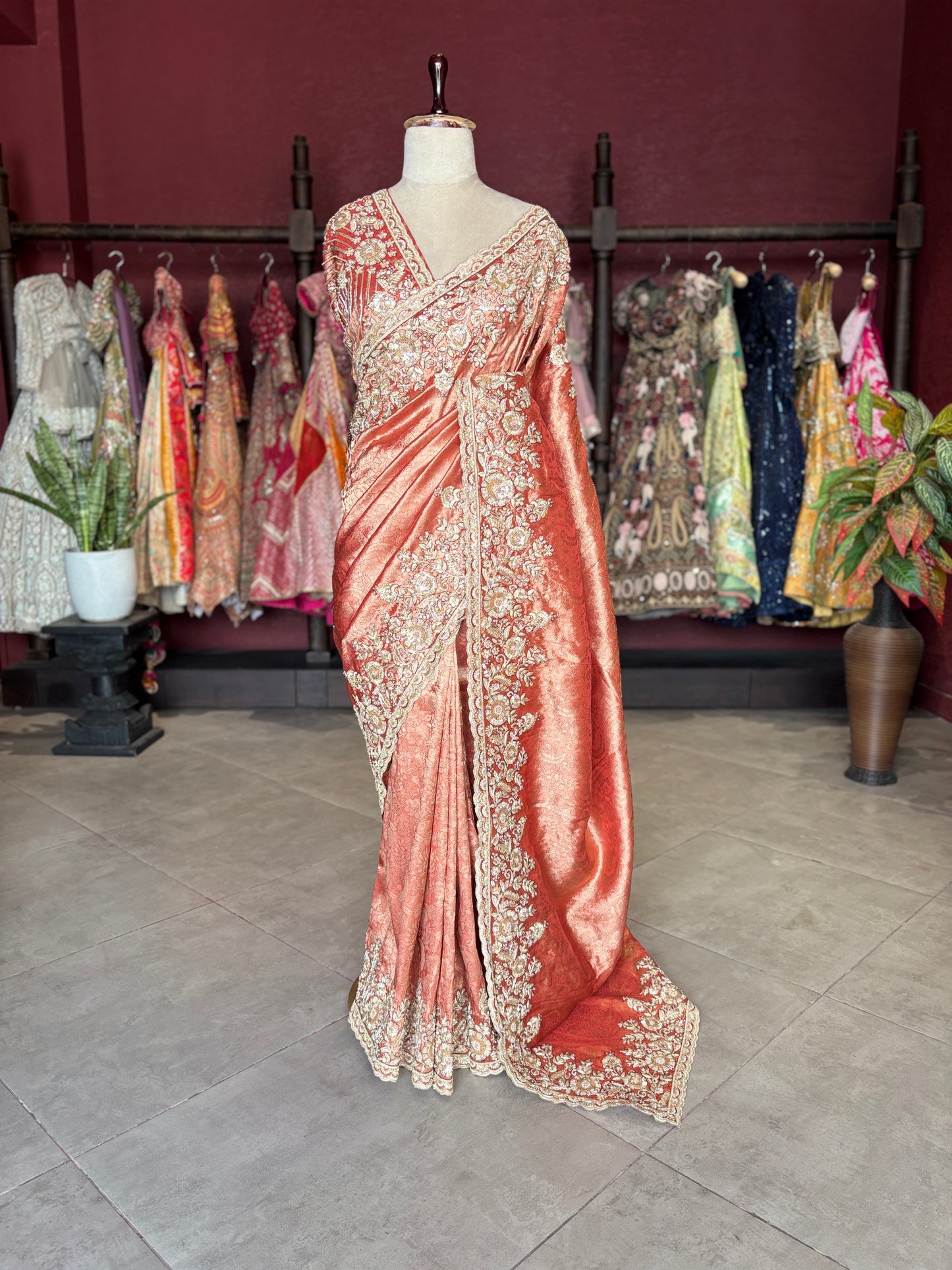 Red Banarasi Designer Saree with Heavy Golden Embroidered Border