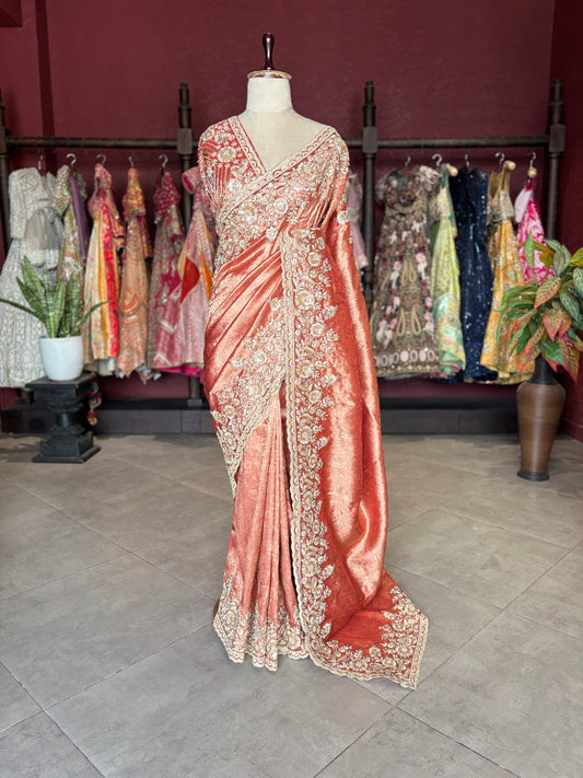 Red Banarasi Designer Saree with Heavy Golden Embroidered Border