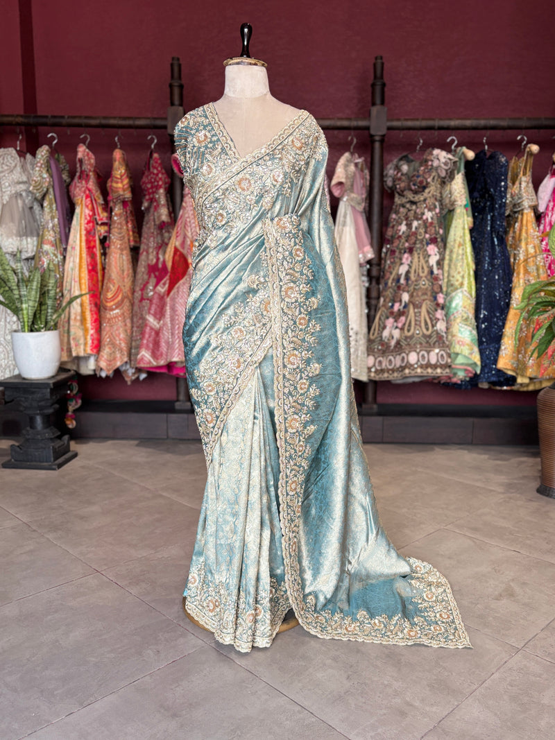Sky Blue Banarasi Designer Saree with Heavy Golden Embroidered Border