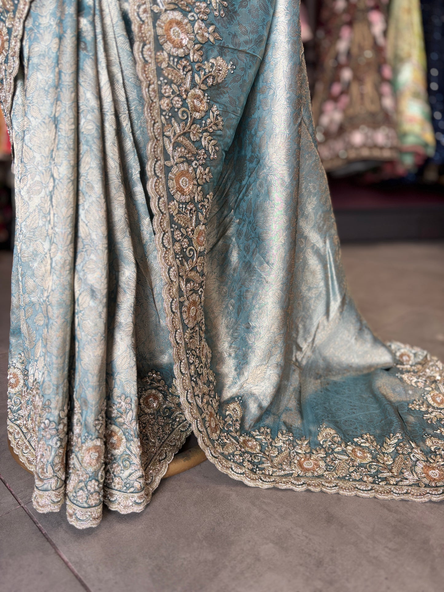 Sky Blue Banarasi Designer Saree with Heavy Golden Embroidered Border