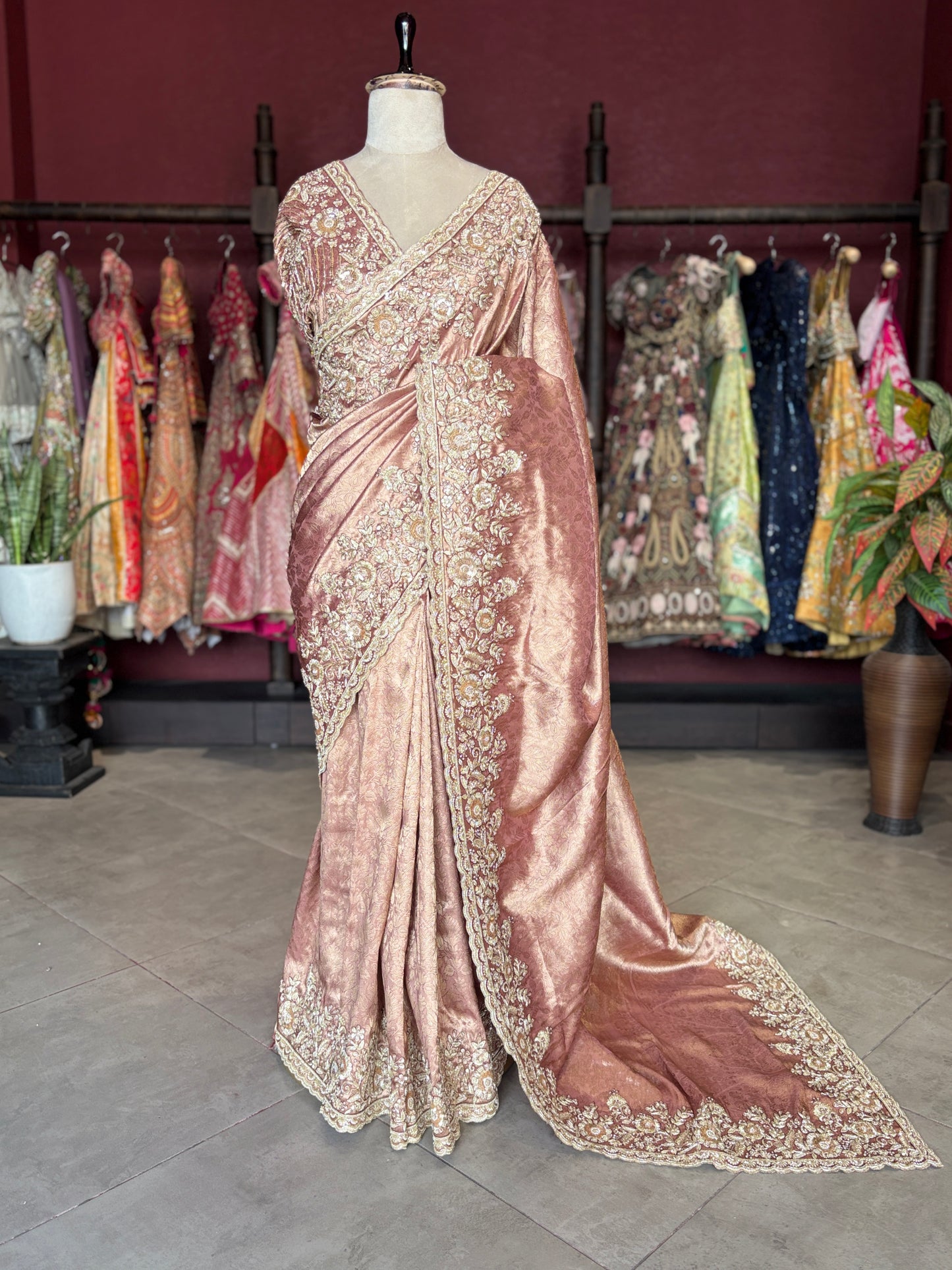 Rose Gold Banarasi Designer Saree with Heavy Golden Embroidered Border