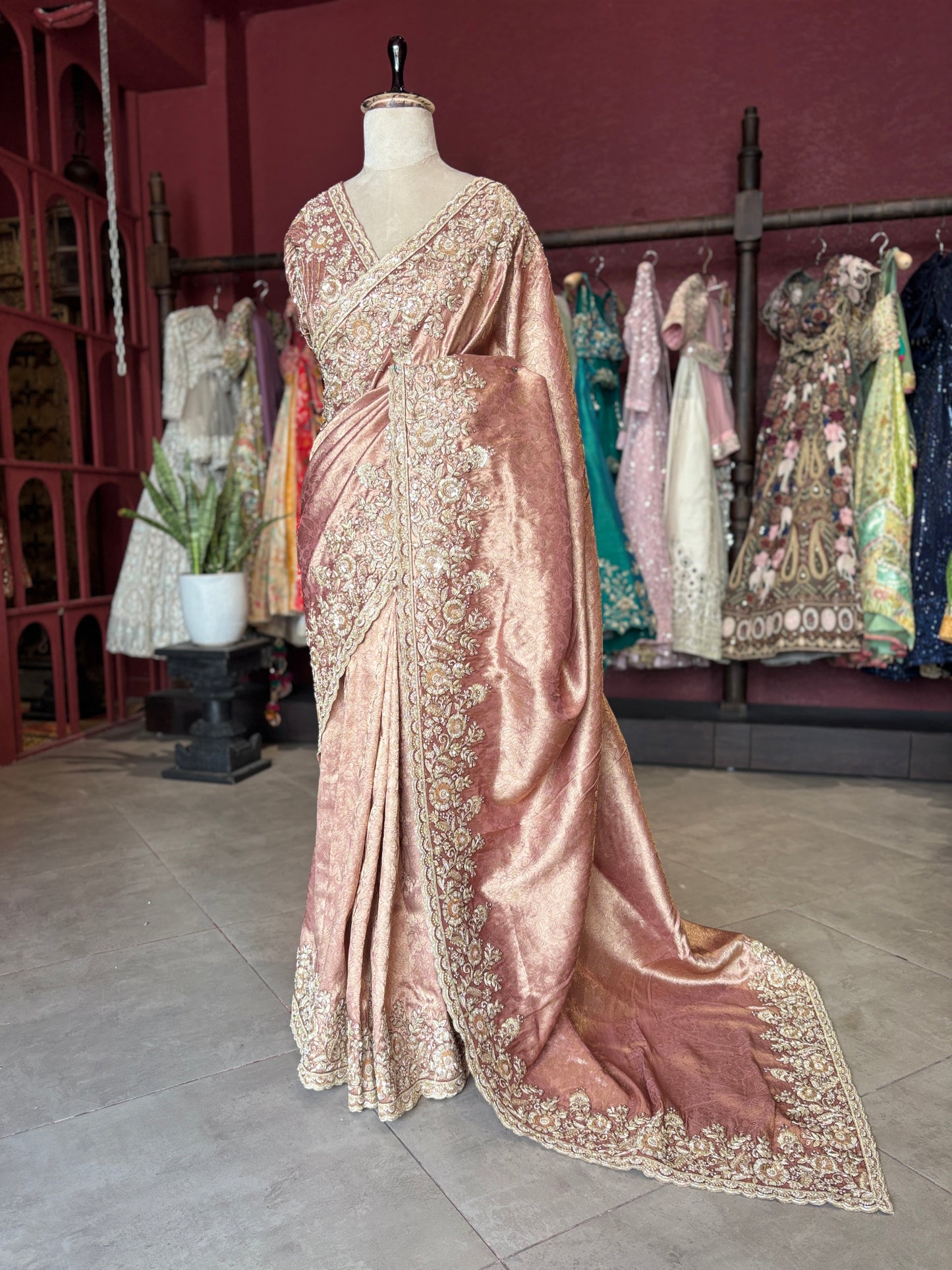 Rose Gold Banarasi Designer Saree with Heavy Golden Embroidered Border
