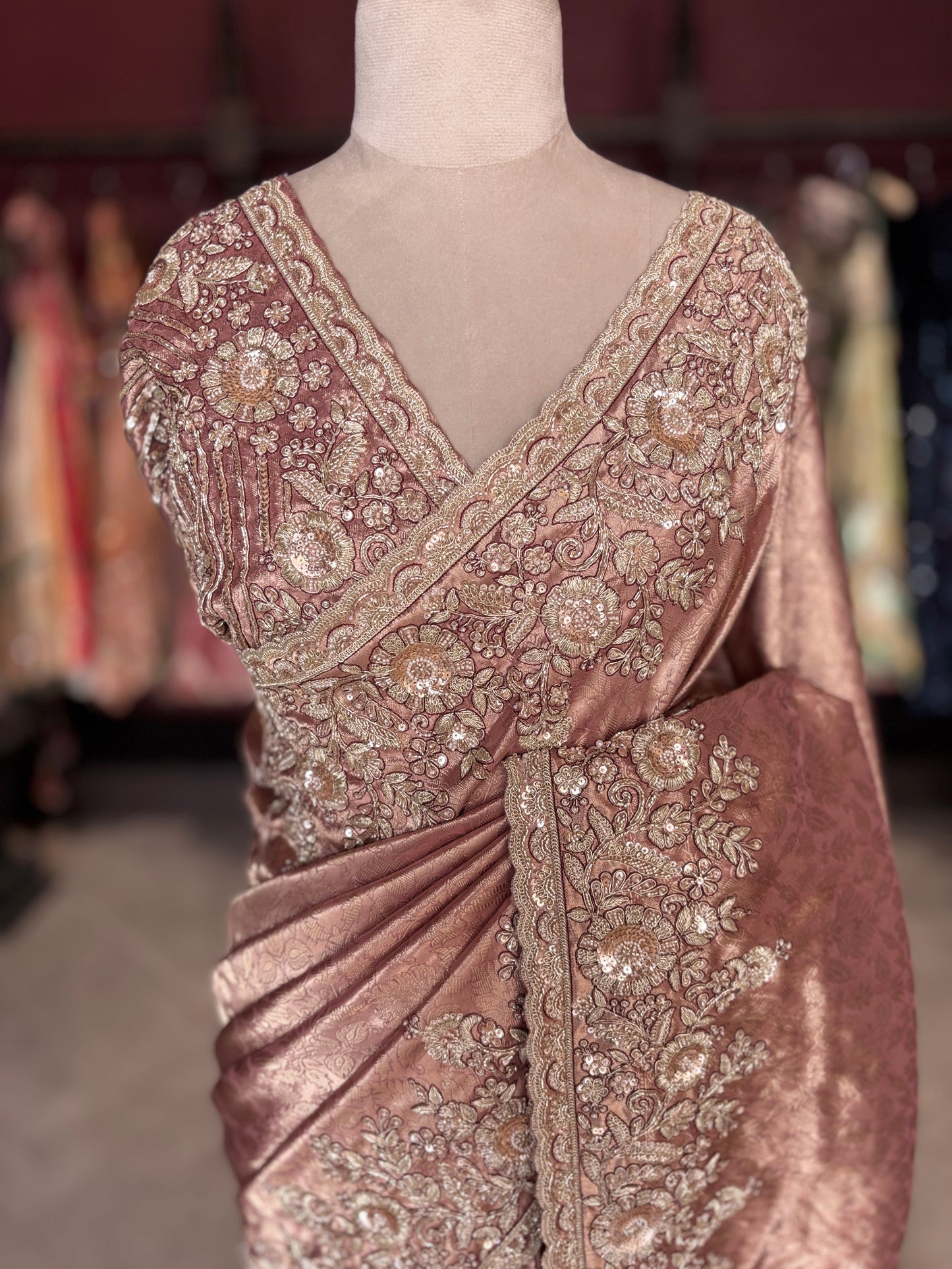 Rose Gold Banarasi Designer Saree with Heavy Golden Embroidered Border