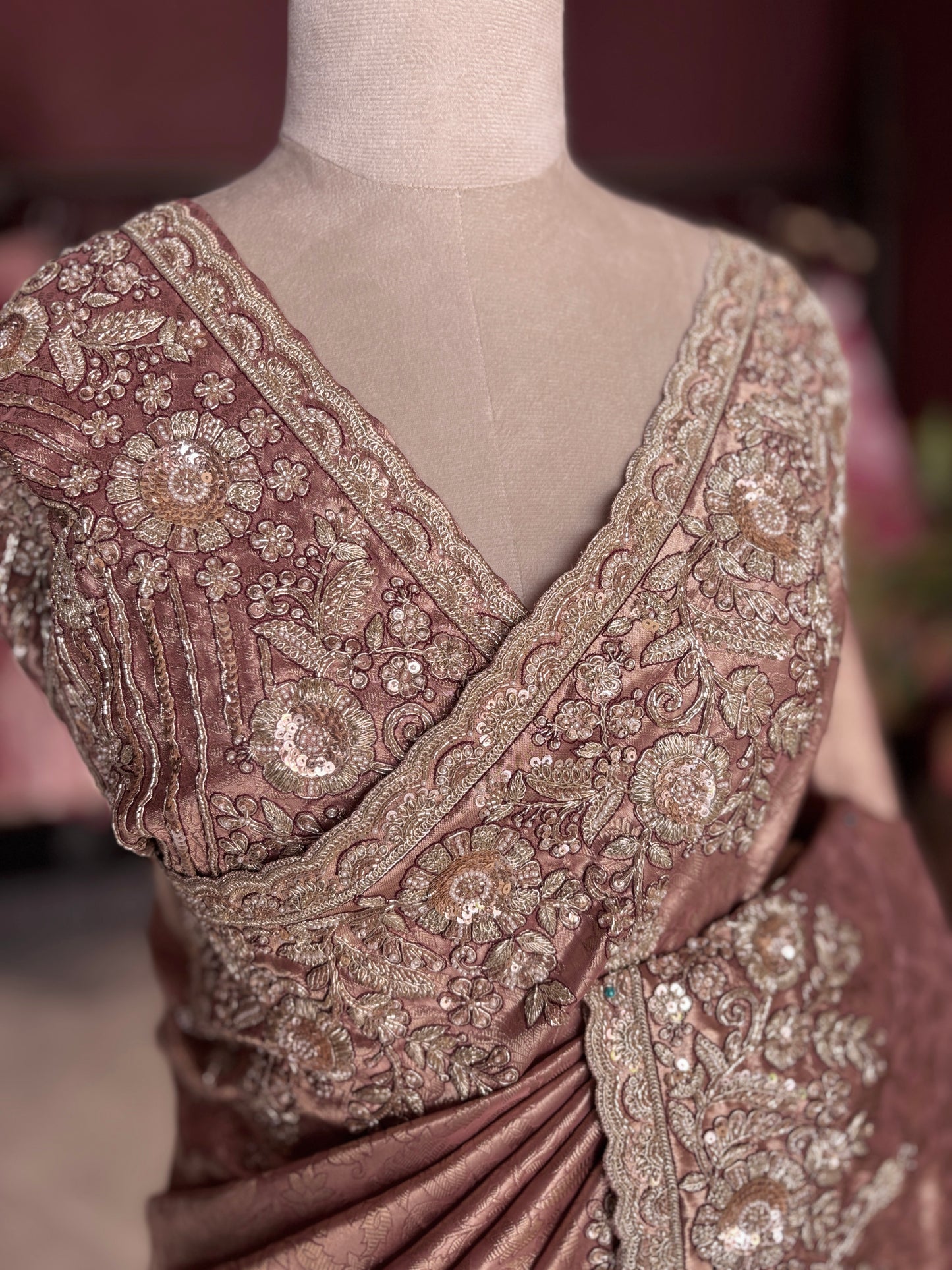 Rose Gold Banarasi Designer Saree with Heavy Golden Embroidered Border