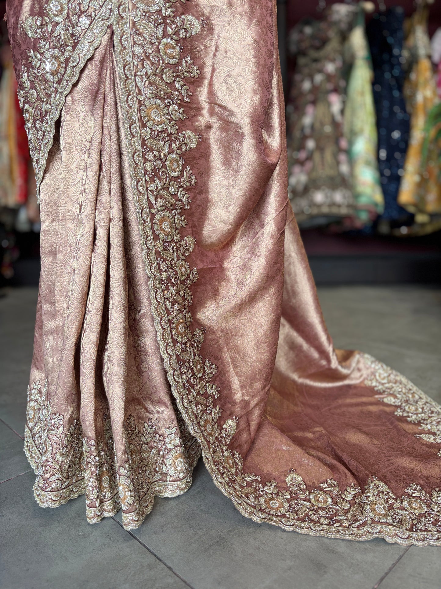 Rose Gold Banarasi Designer Saree with Heavy Golden Embroidered Border