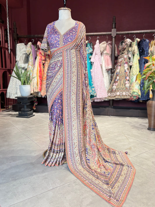 Multicolor Designer Saree with Embroidered Border and Matching Blouse