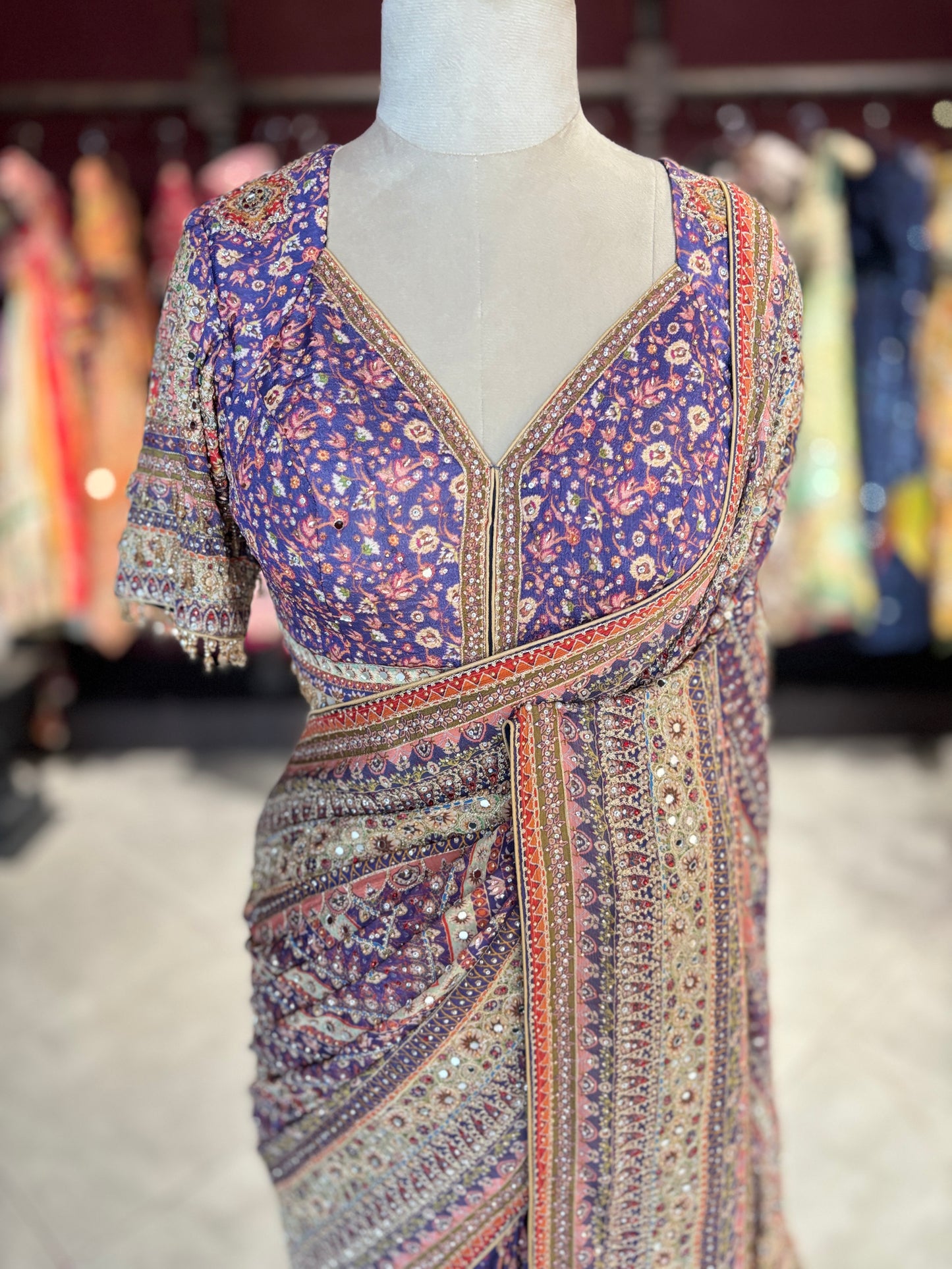 Multicolor Designer Saree with Embroidered Border and Matching Blouse
