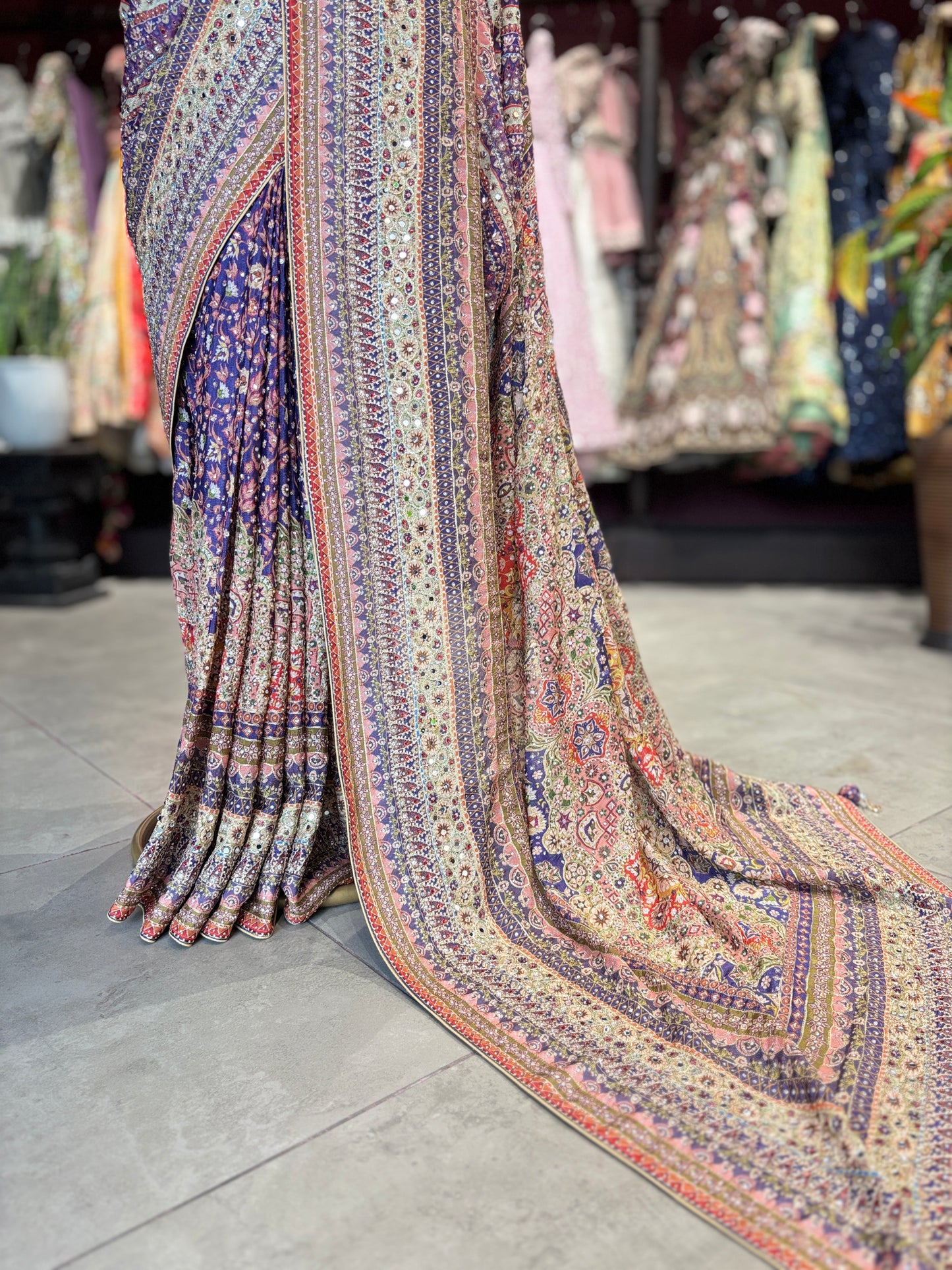 Multicolor Designer Saree with Embroidered Border and Matching Blouse
