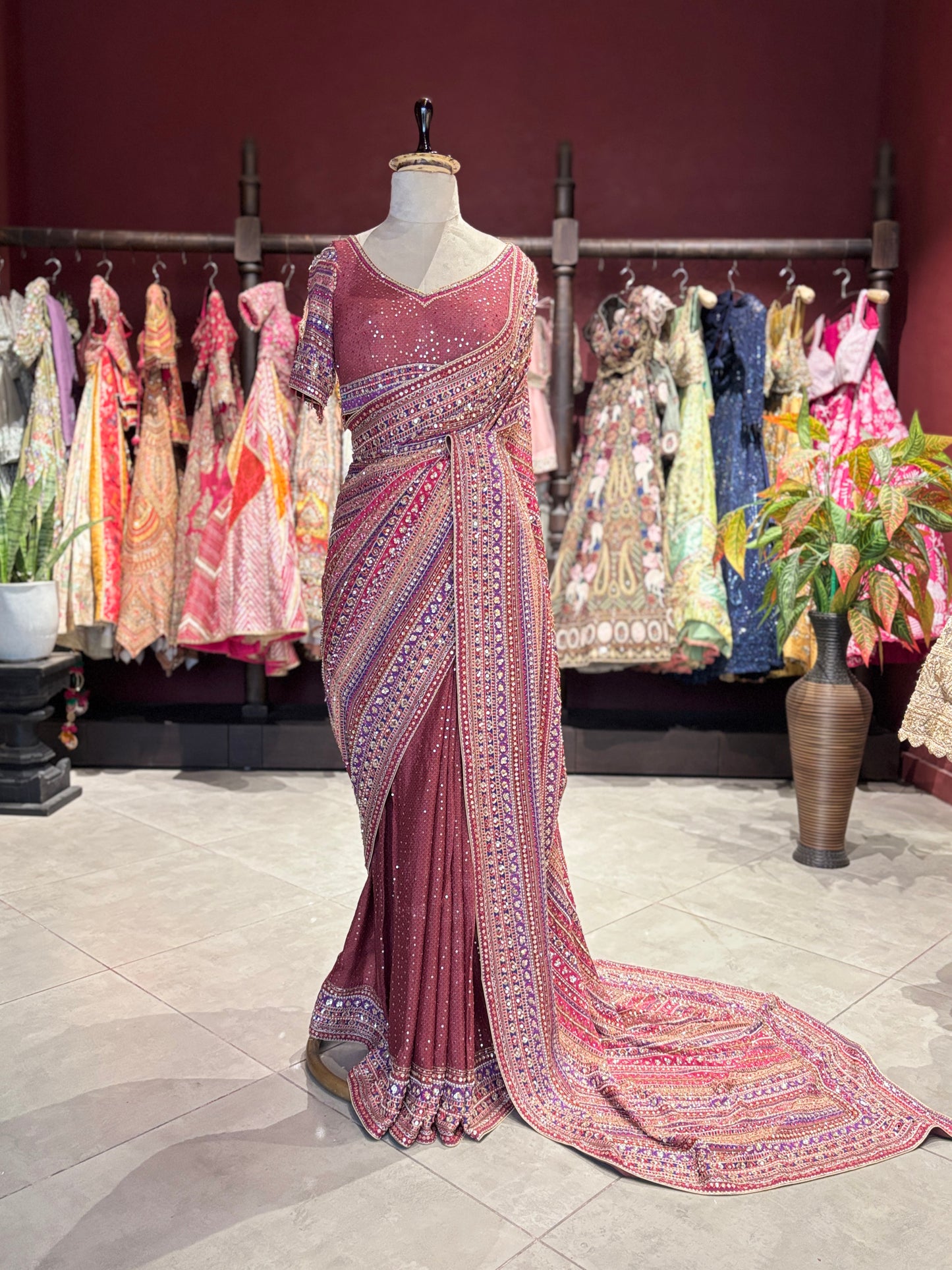Maroon Designer Saree with Multi-Color Embroidery & Sequin Work