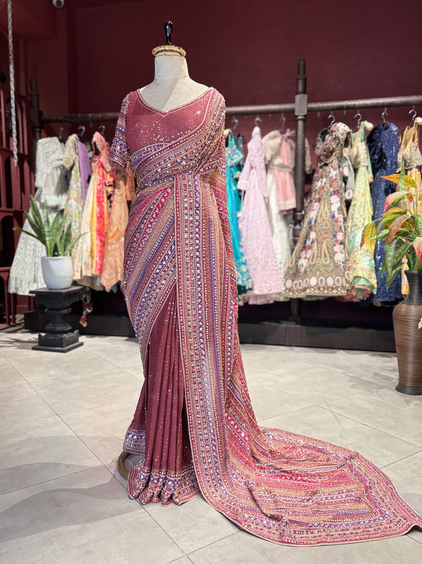 Maroon Designer Saree with Multi-Color Embroidery & Sequin Work