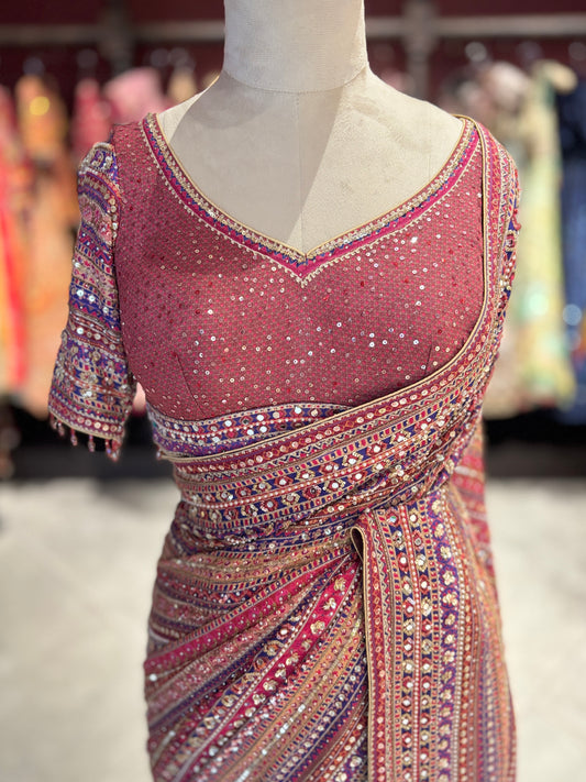Maroon Designer Saree with Multi-Color Embroidery & Sequin Work