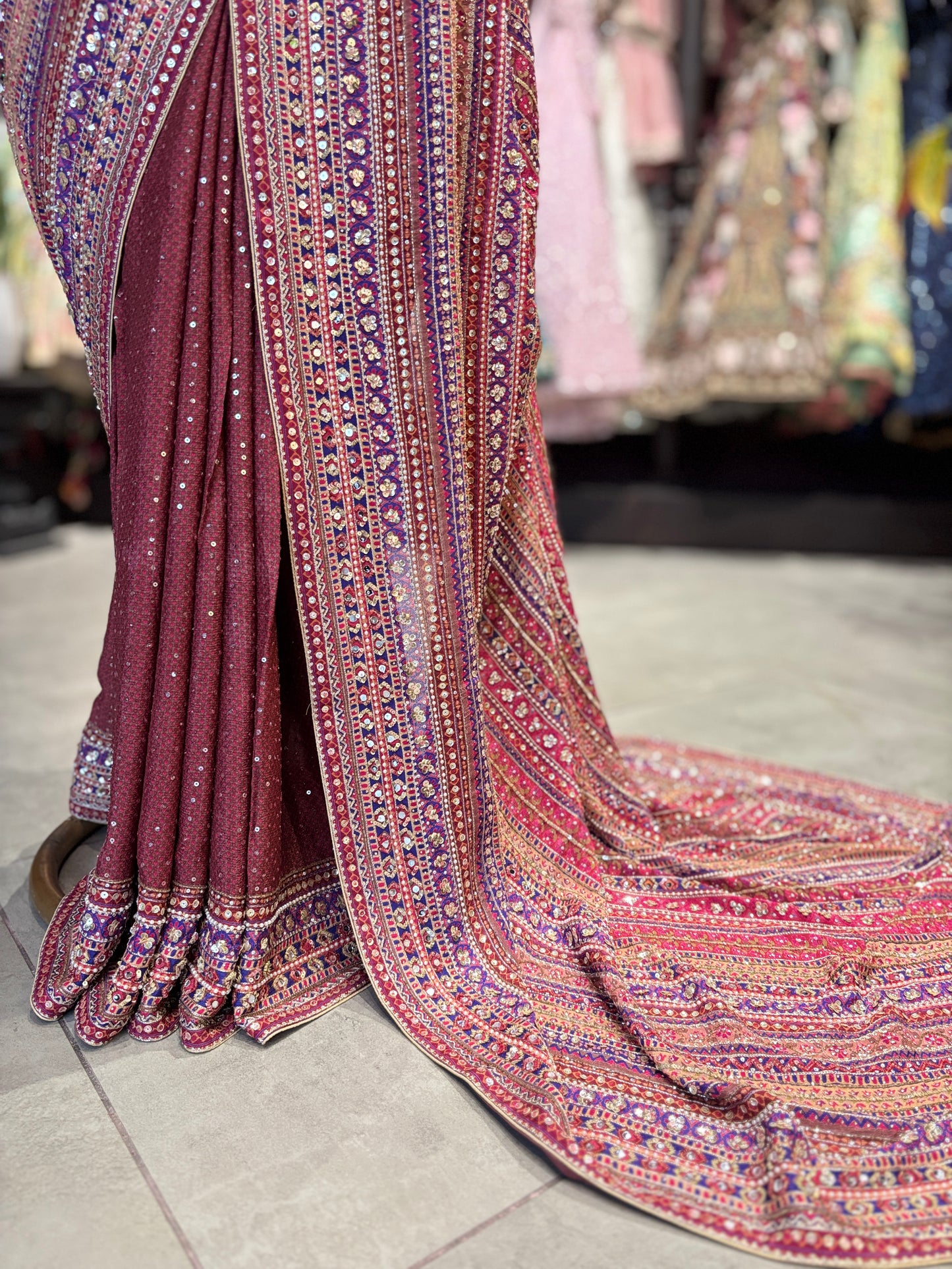 Maroon Designer Saree with Multi-Color Embroidery & Sequin Work