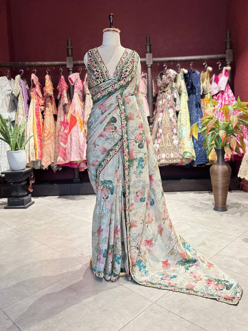 Designer Saree with Black Embroidered Border and Heavy Blouse