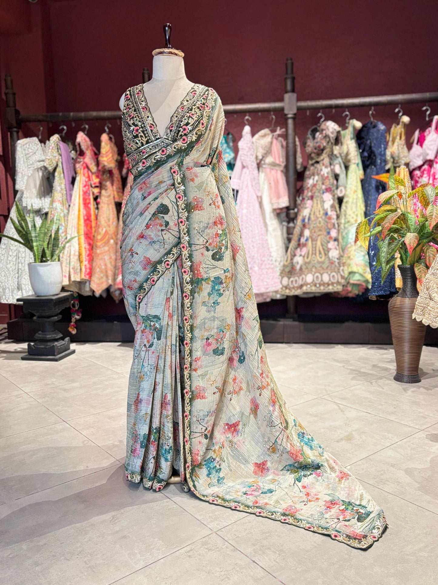 Designer Saree with Black Embroidered Border and Heavy Blouse