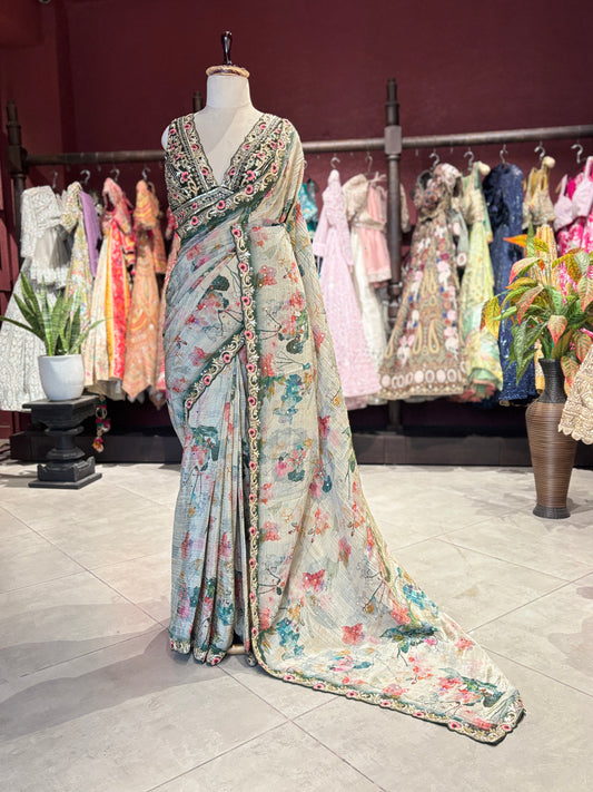 Designer Saree with Black Embroidered Border and Heavy Blouse