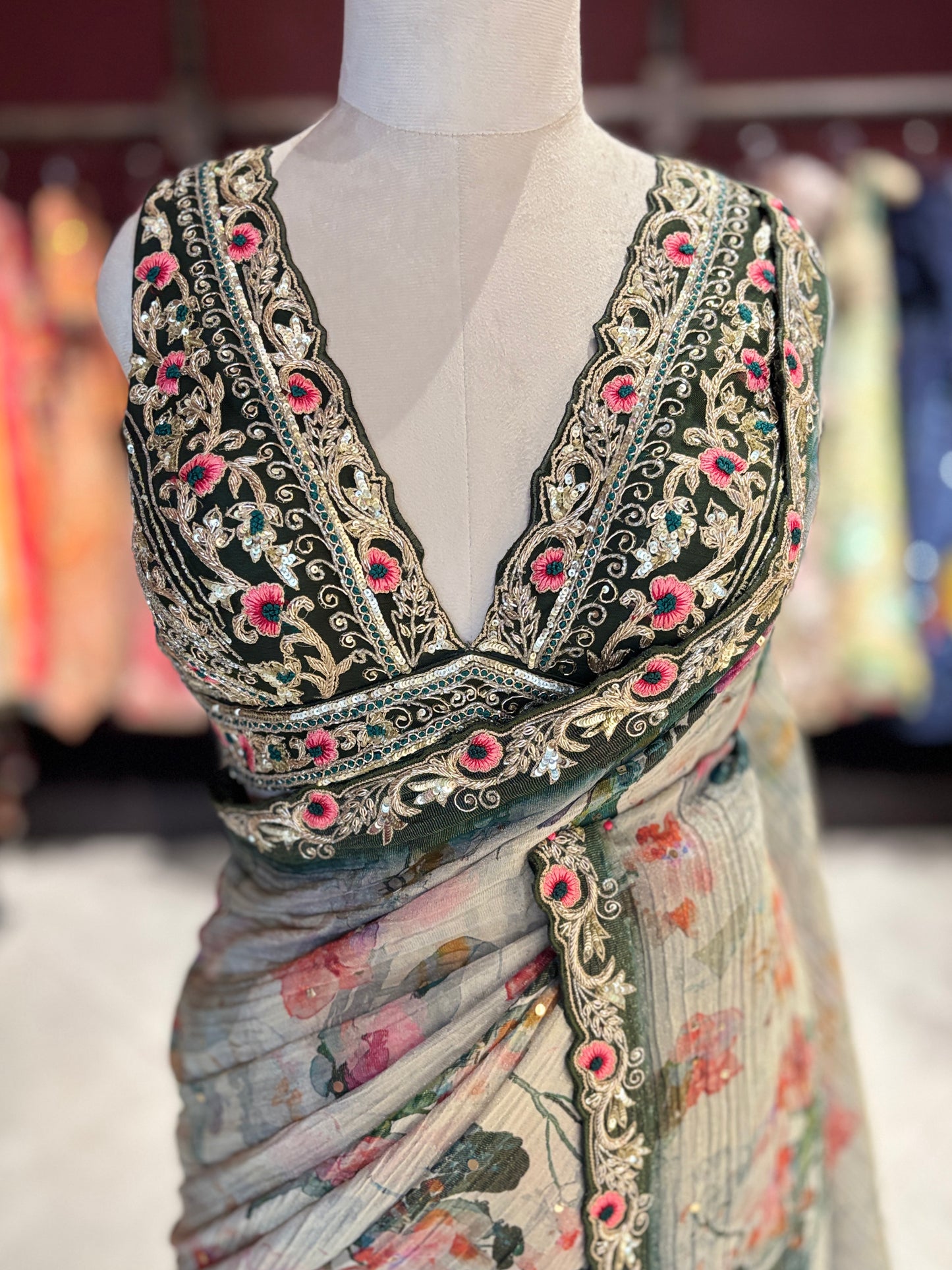 Designer Saree with Black Embroidered Border and Heavy Blouse