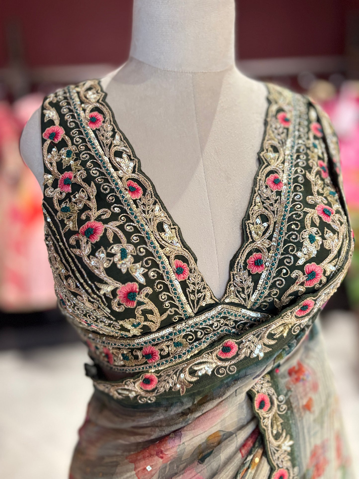 Designer Saree with Black Embroidered Border and Heavy Blouse